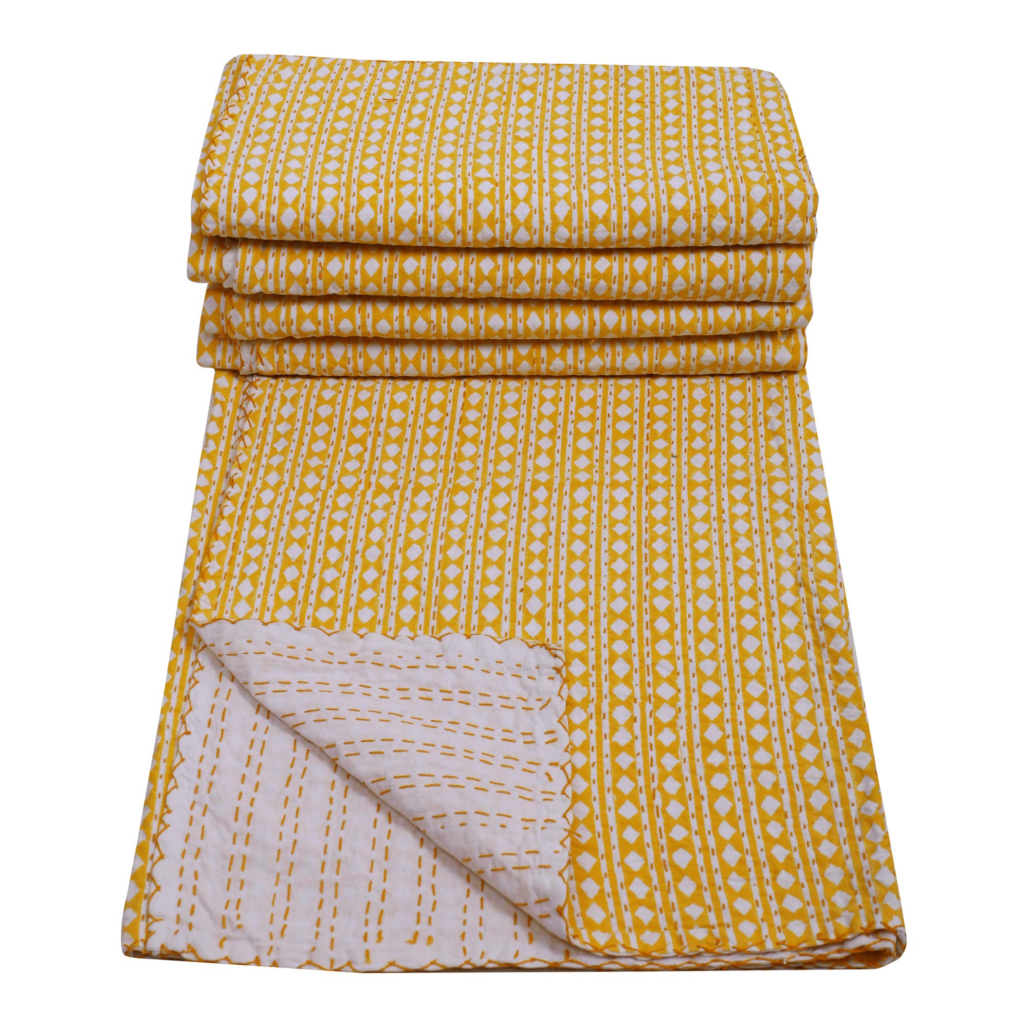 Handmade Indian Kantha Quilt - 100% Cotton Soft Traditional Block Print Blanket for Bed, Sofa & Decor | Twin Size 90x60 Inch Yellow Throw | Perfect for Bedroom, Living Room & Cozy Home Decor