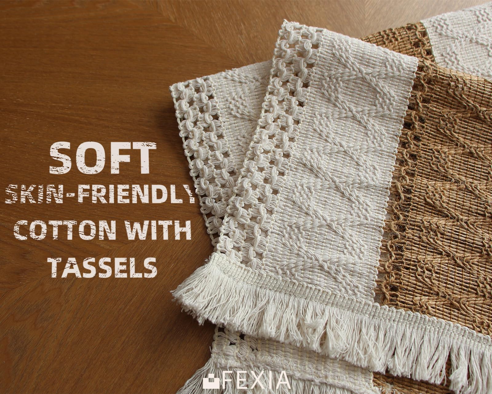 FEXIA Boho Placemats Set of 4 - Macrame Cotton Burlap Table Mats for Christmas, Fall & Thanksgiving Decor | Farmhouse Style Dining Table Centerpiece | Perfect for Holiday Gatherings & Home Decor