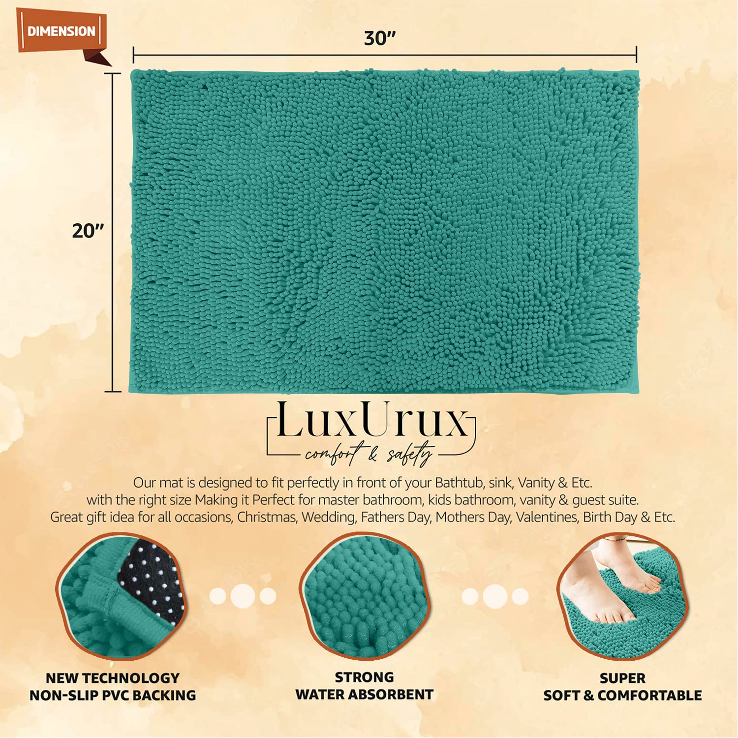 Ultra Soft Chenille Plush Bath Rugs - Non Slip Microfiber Floor Mats for Bathroom, Kitchen, Entryway & Living Room - 30x20 Inches Turquoise - Perfect for Cozy Home Decor & High Traffic Areas