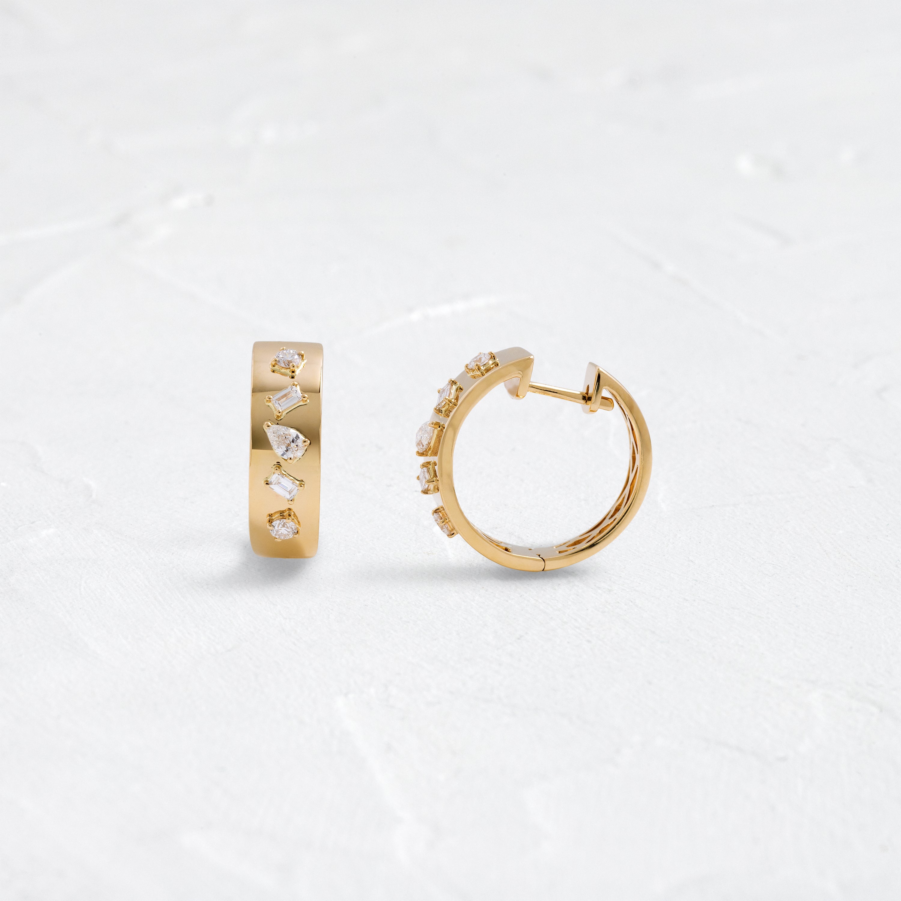 Diamond Multifaceted Gold Hoop Earrings for Women - 14K Solid Gold Huggie Hoops - Elegant Everyday Jewelry for Work, Party & Date Night