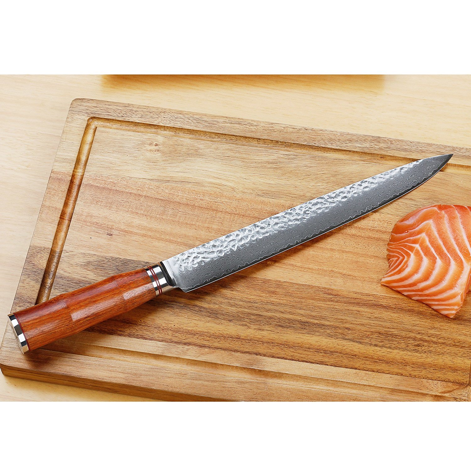 Premium 10 Inch Japanese Damascus Steel Carving Knife - Hammered Blade with Natural Bloodwood Handle - Professional Slicing Knife for BBQ, Roast Beef, Turkey & Holiday Meals - Ideal for Chefs & Home Cooks
