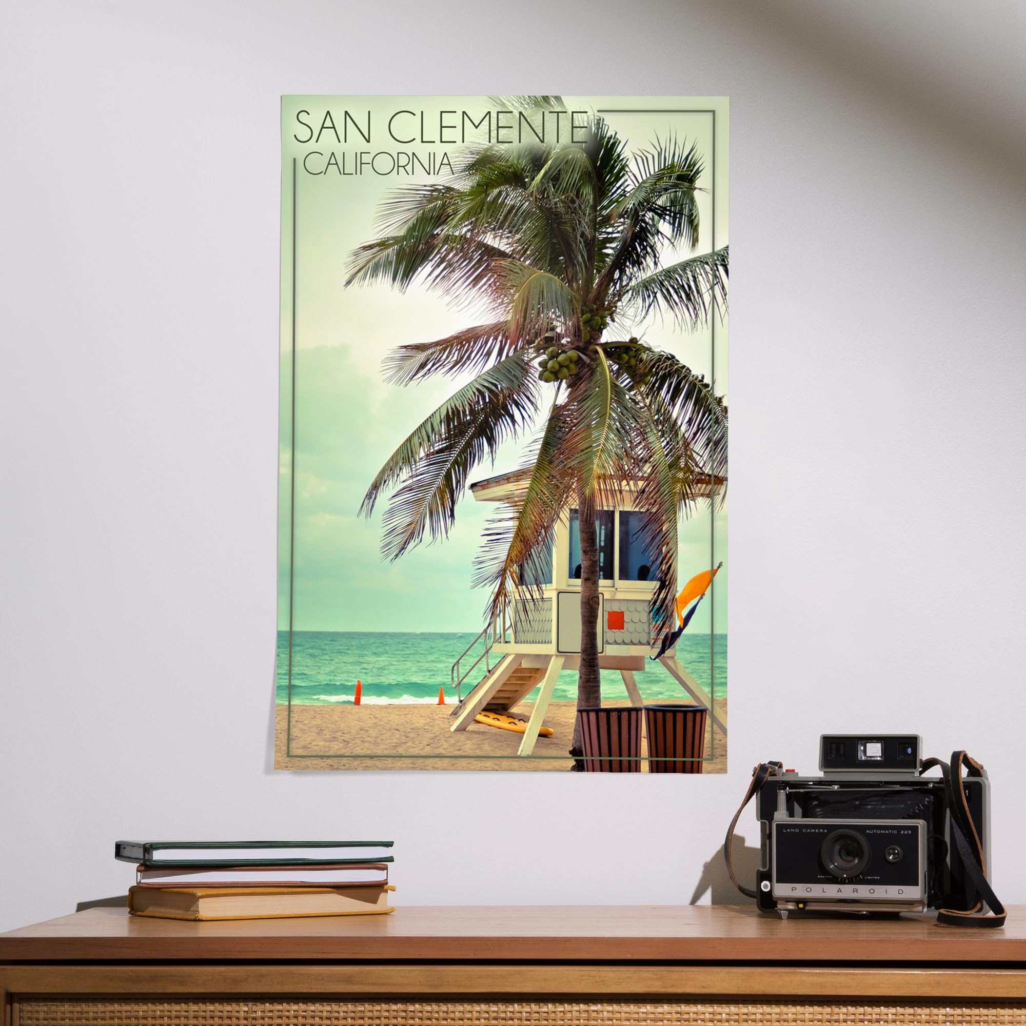 Lantern Press 16x24 Inch Giclee Art Print - San Clemente California Beach Scene with Lifeguard Shack and Palm Trees | Coastal Wall Decor for Living Room, Bedroom or Office