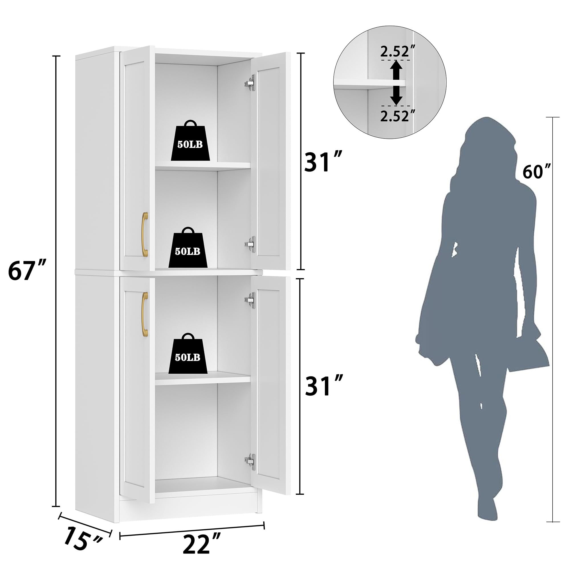 White 4-Door Kitchen Pantry Cabinet with Adjustable Shelves - Freestanding Storage Cupboard for Dining Room, Living Room, Laundry & Bathroom - Perfect for Organizing Food, Dishes, Linens and Household Supplies