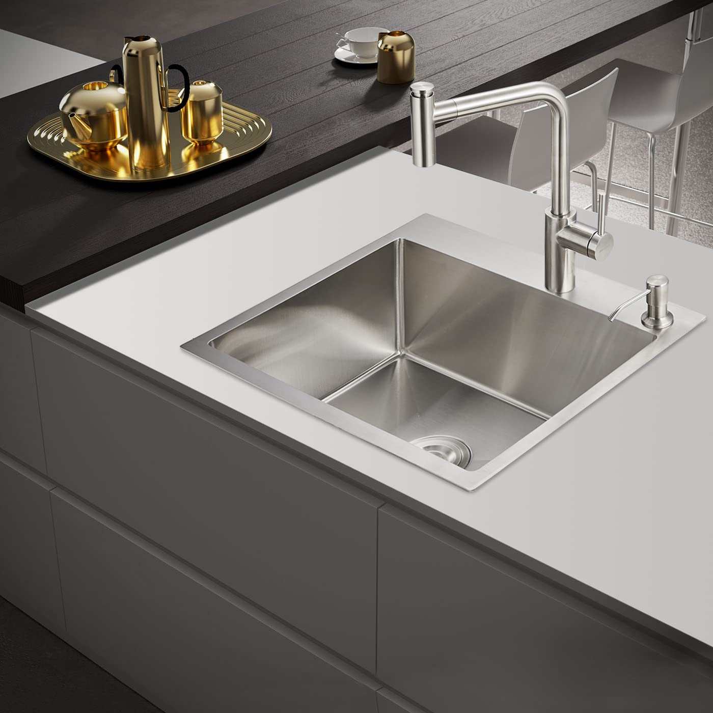 POPFLY 24×18 Inch Topmount Handmade Single Bowl 18 Gauge 304 Stainless Steel Kitchen Sink, Brushed Finish, Overmount Design for Modern and Farmhouse Kitchens