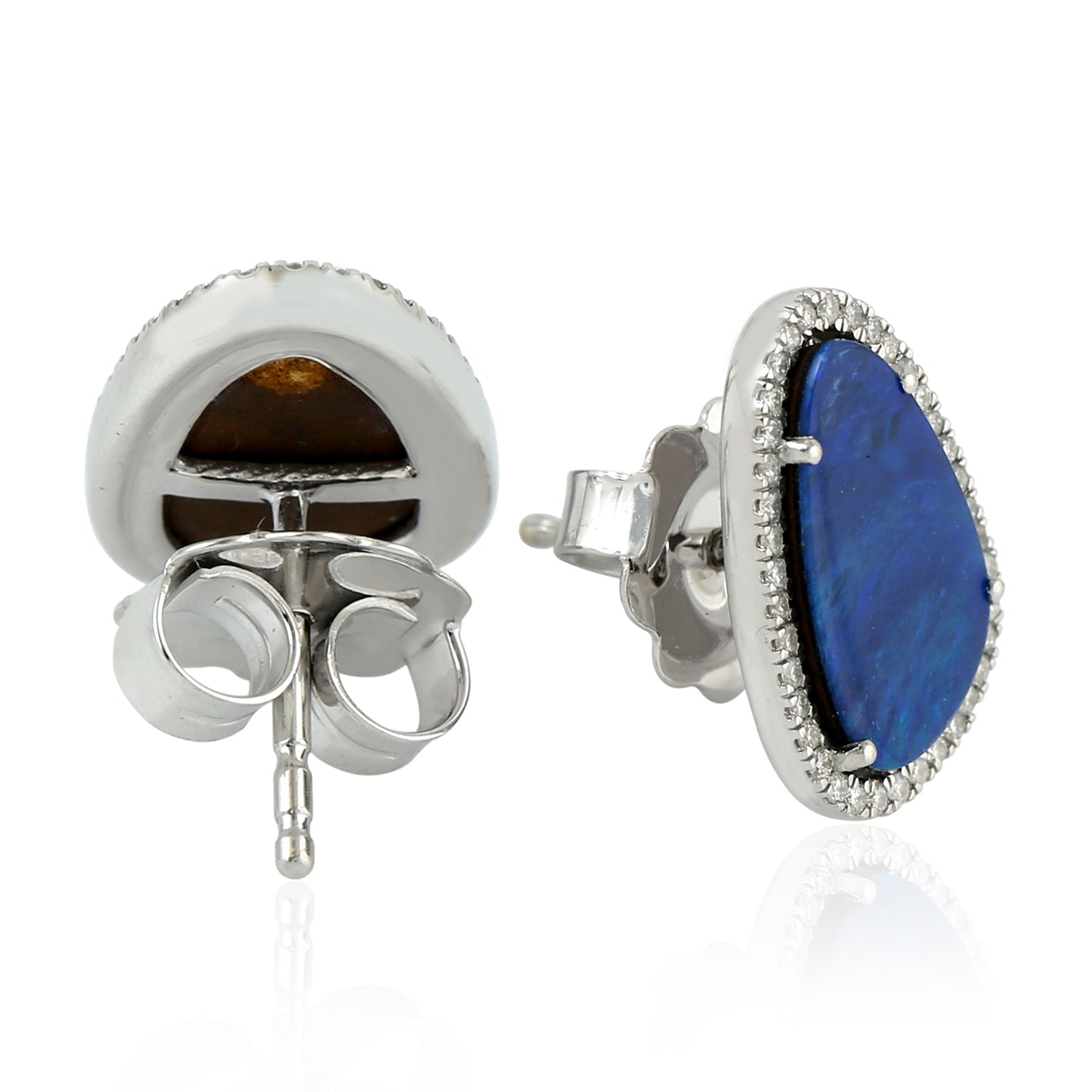 18K White Gold Opal Doublet Pave Diamond Stud Earrings - Elegant Prong Set Gemstone Jewelry for Women, Perfect for Weddings, Parties & Special Occasions