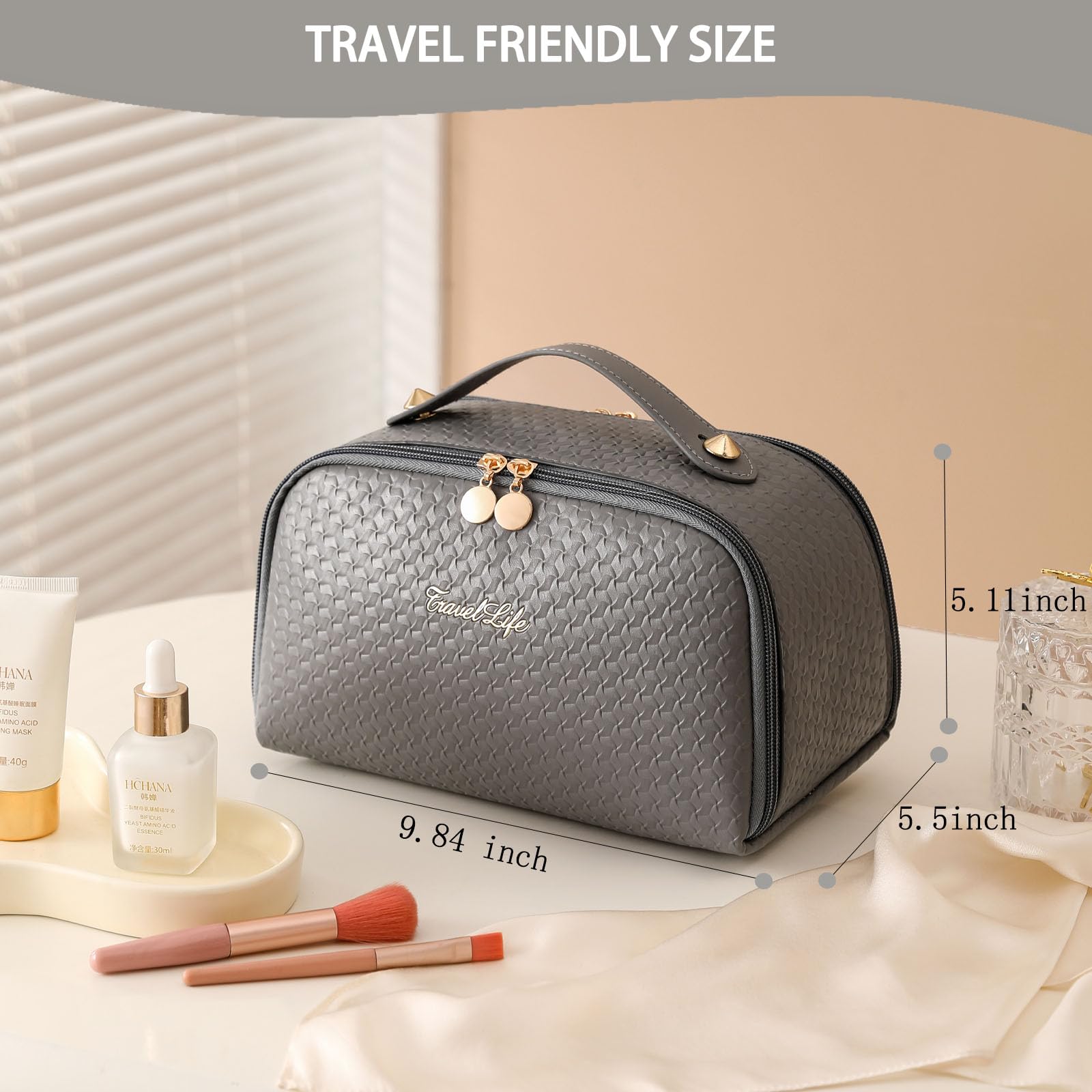 Waterproof Travel Makeup Bag for Women - Large Capacity PU Leather Cosmetic Organizer with Portable Handle, Grey - Perfect for Air Travel, Gym & On-the-Go Beauty Essentials