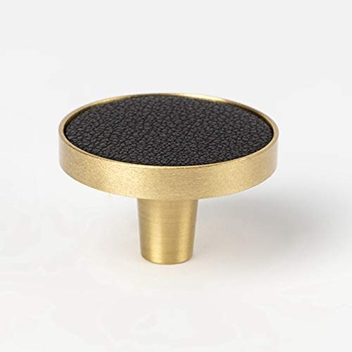 Round Black Leather Kitchen Cabinet Knobs with Brass Accents - 4 Pack (32x25mm) - Vintage Drawer Pulls for Dressers, Cupboards & Furniture Doors | Perfect for Home Renovation & DIY Projects
