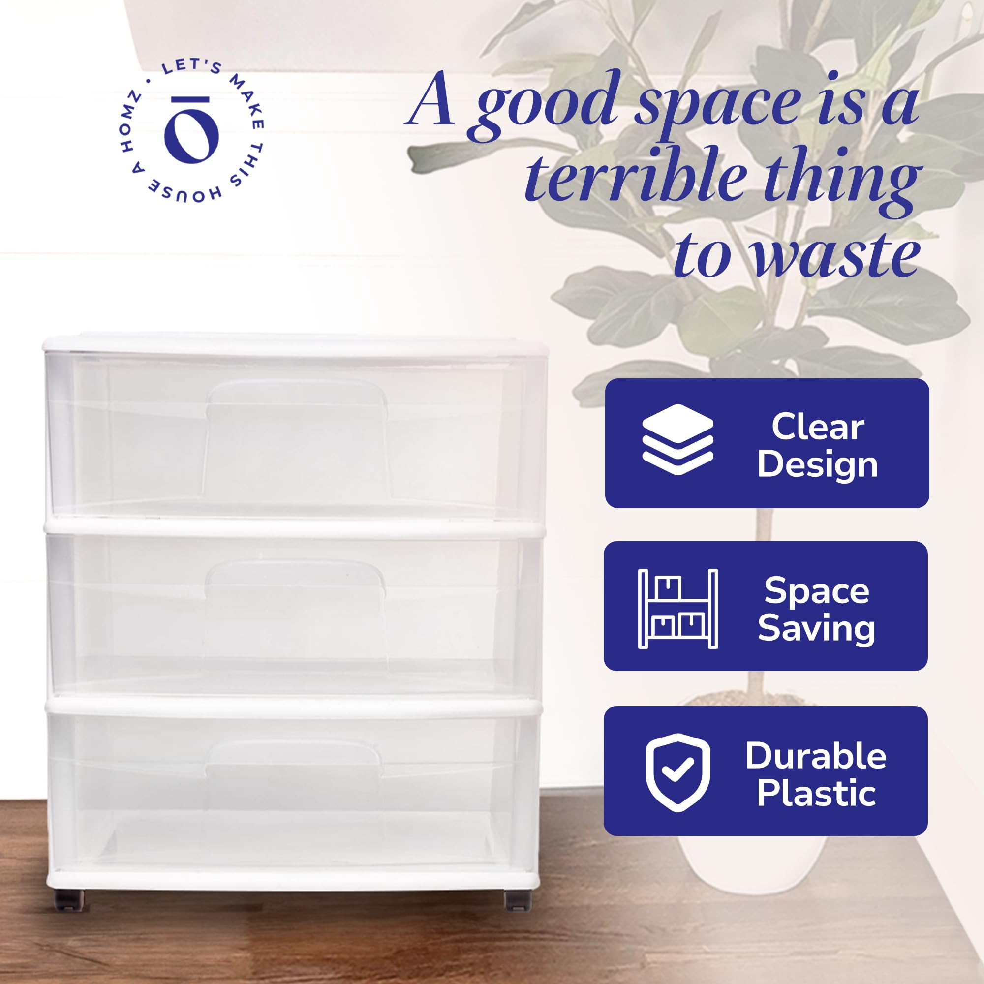 HOMZ 3-Tier Clear Plastic Storage Drawer Tower - White Organizer for Home & Office