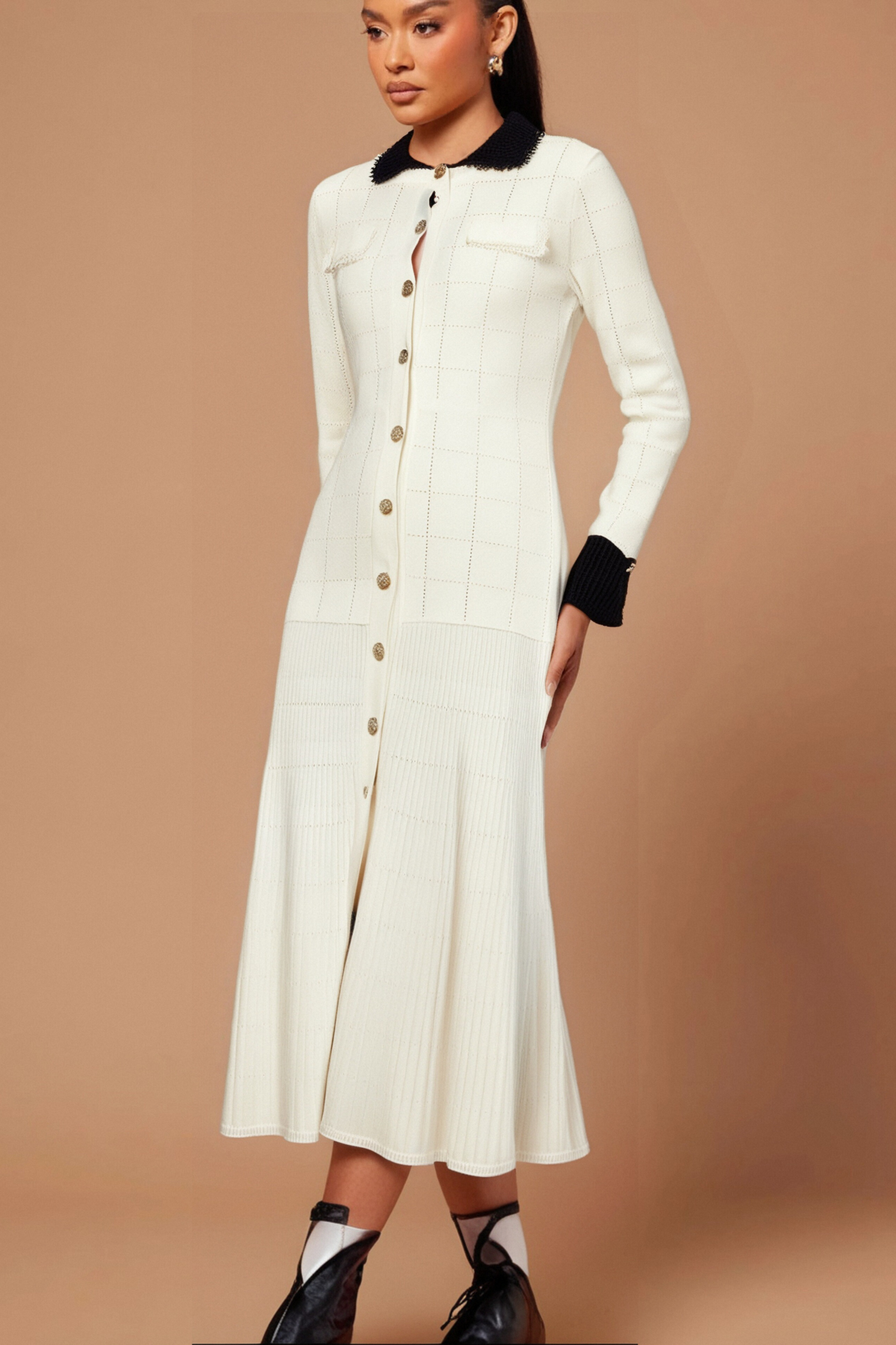 Cécilie Contrast Trim Knitted Shirt Dress for Women - Elegant Casual & Office Wear - Perfect for Fall & Winter Outfits