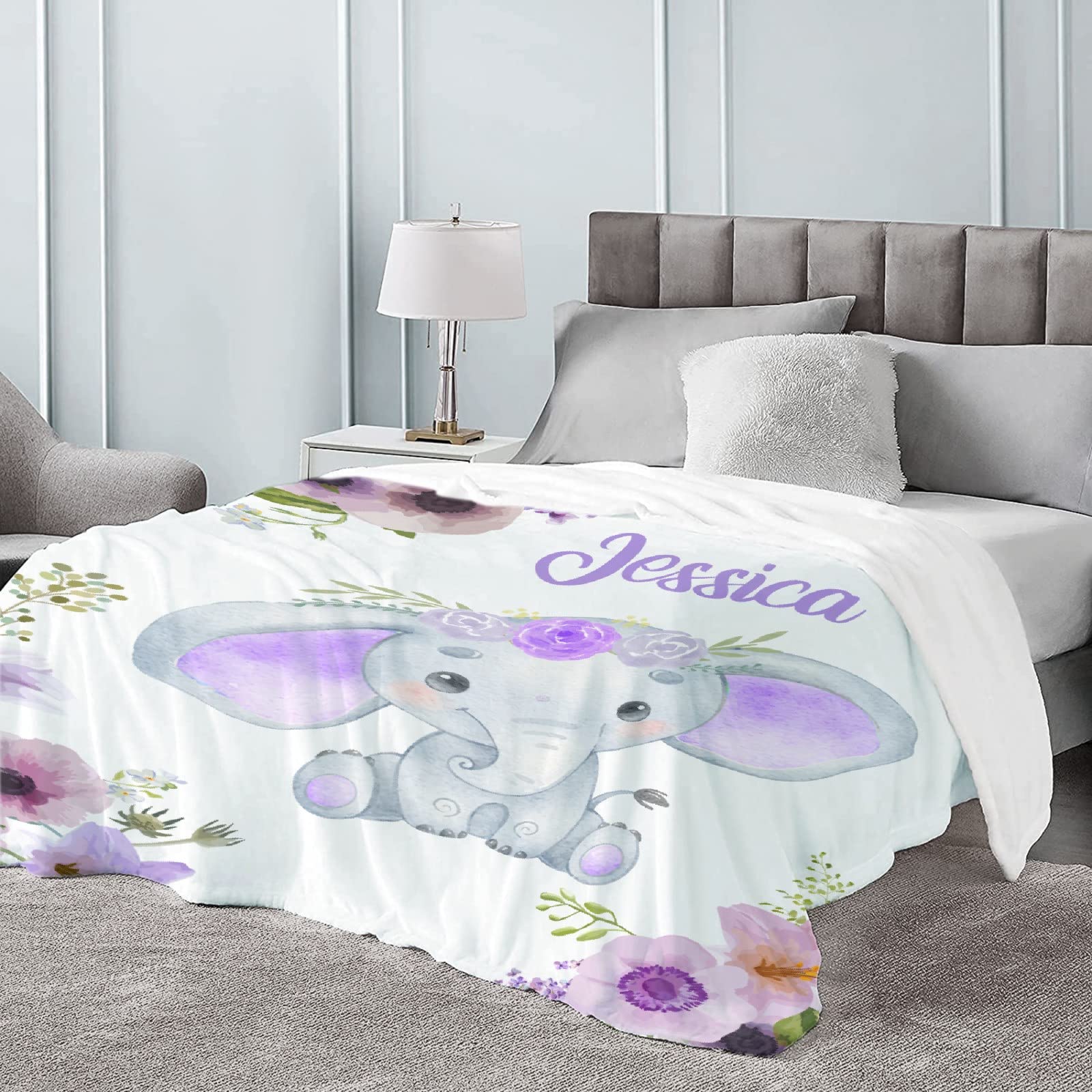Personalized Custom Baby Blanket with Name - Purple Floral Elephant Design - Soft Fleece Flannel Blanket for Boys & Girls - Perfect Baby Shower Gift, Birthday Present for Daughter - Extra Large 120