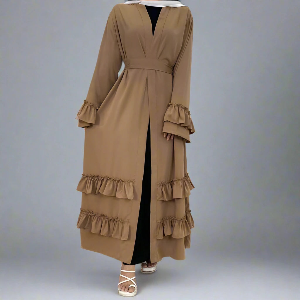 Elegant Muslim Women's Ruffle Sleeve Cardigan Open Robe Abaya Dress - Modest Islamic Clothing for Prayer, Home & Special Occasions