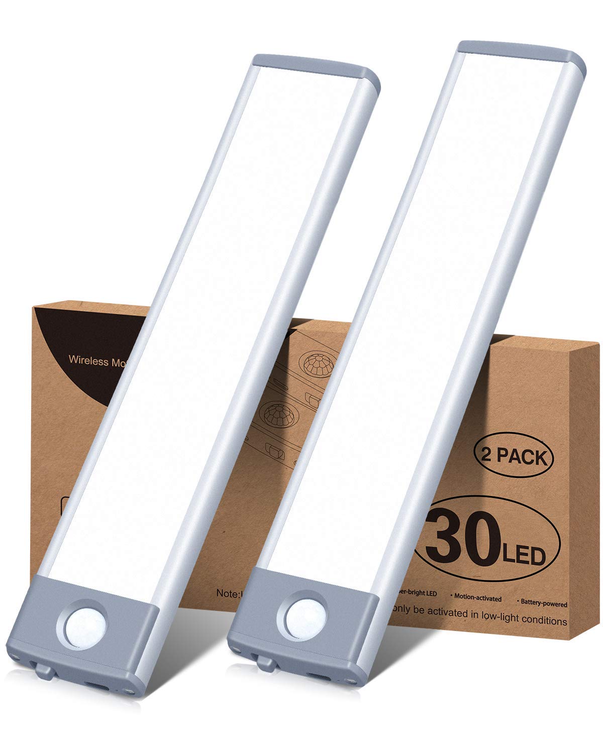 PRIORARE Ultra Thin 30 LED Wireless Rechargeable Under Cabinet Lighting with Motion Sensor - Battery Operated Closet Light for Kitchen, Wardrobe, Pantry (Pure White, 2 Pack) - Perfect for Dark Spaces & Nighttime Navigation