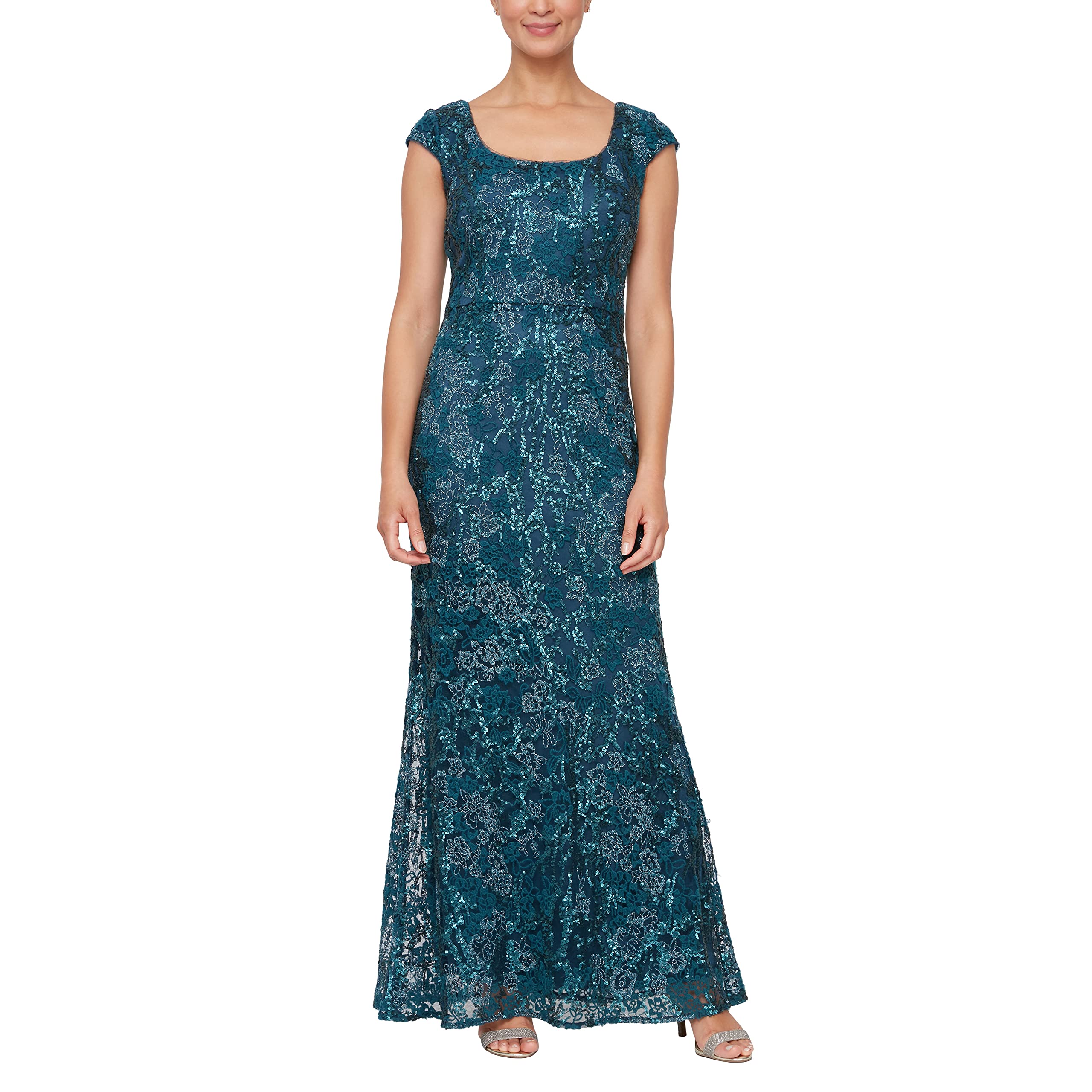Alex Evenings Women's Long Embroidered Cap Sleeve Formal Dress for Evening Parties, Weddings & Special Occasions