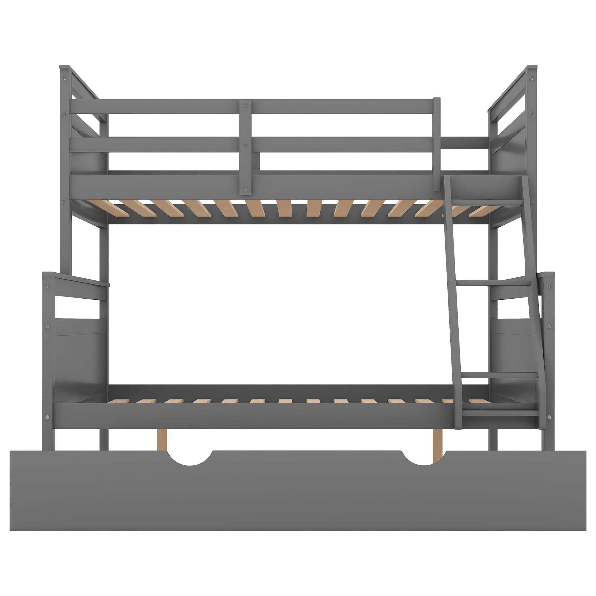Twin Over Full Wood Bunk Bed with Trundle - Sturdy Wooden Bunk Bed Frame with Ladder & Safety Guardrail for Kids, Teens & Adults (Gray) - Perfect for Small Spaces, Guest Rooms & Kids' Bedrooms
