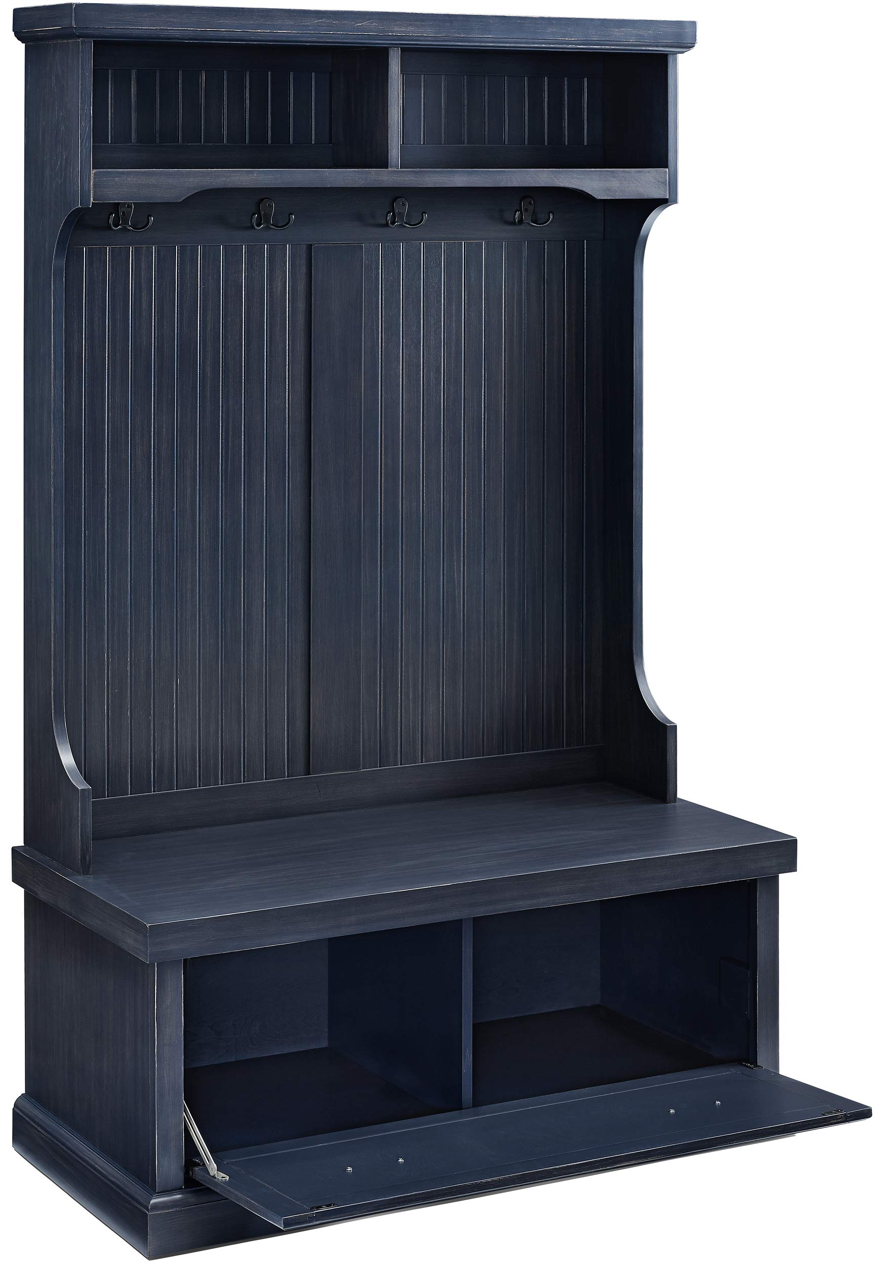 Crosley Furniture Seaside Hall Tree with Shoe Rack Bench & Coat Hooks - Entryway Storage Organizer with Distressed Navy Finish | Perfect for Small Spaces, Mudrooms, and Home Entry Organization