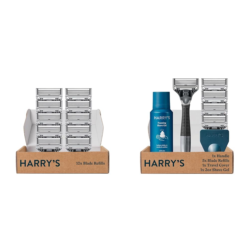 Harry's Razor Blades Refills for Men - 10 Count Replacement Cartridges & 5 German-Engineered 5-Blade Razors with Travel Cover & Charcoal Shave Gel | Smooth Shaving Kit for Travel, Home & Gym Use