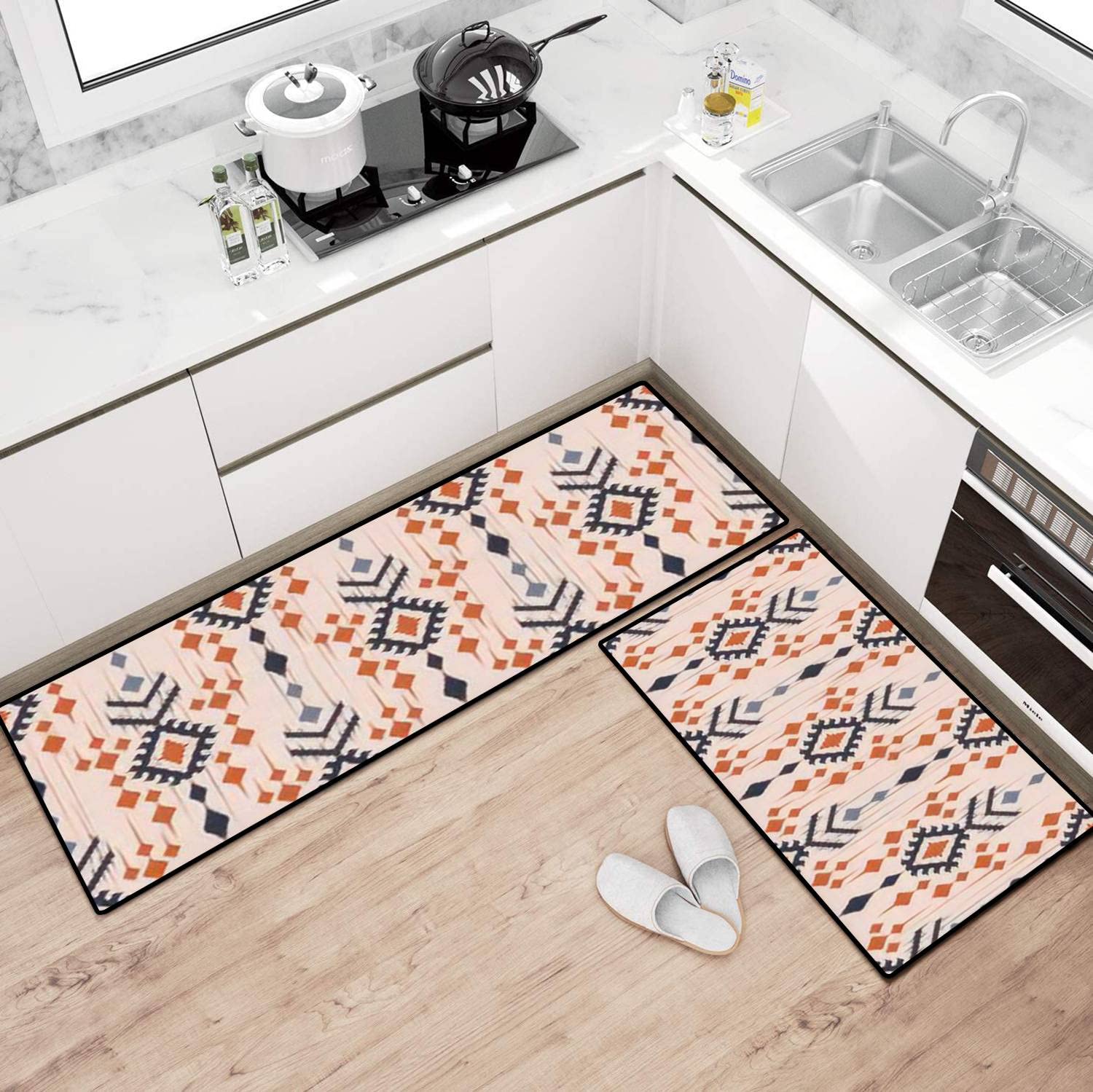 African Ethnic Abstract Ikat Kitchen Rugs Set - Non-Slip Washable Floor Mat, Kitchen Runner & Bath Rug - Tribal Folk Decor for Comfortable Standing in Kitchen, Entryway & Bathroom