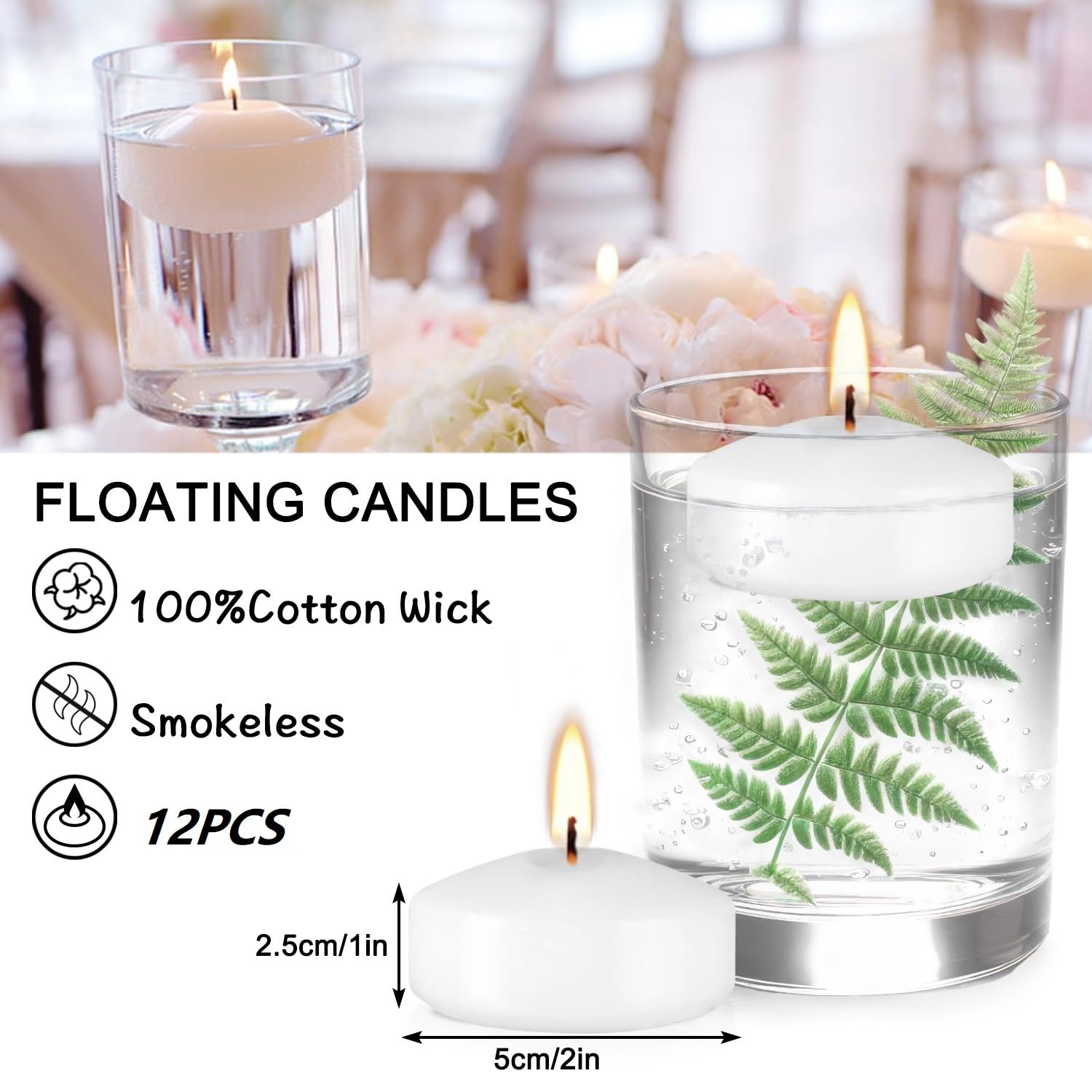 12 Pcs White Unscented Floating Candles - 2 Inch for Centerpieces, Holiday Decor & Gifts
