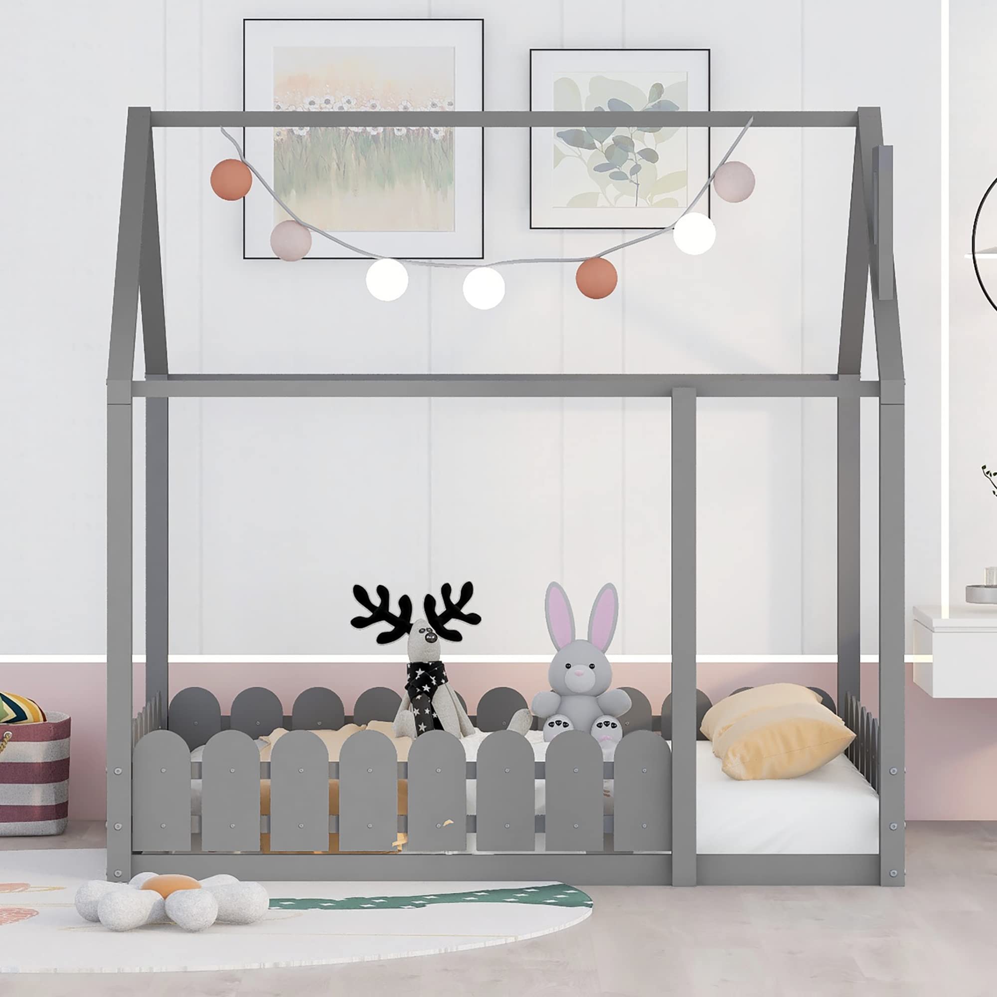 Kids Wooden Twin Floor Bed Frame with Safety Fence - Gray Cabin House Bed for Boys & Girls, Teens Room Decor | Perfect for Small Bedrooms, Playrooms & Montessori Style Spaces