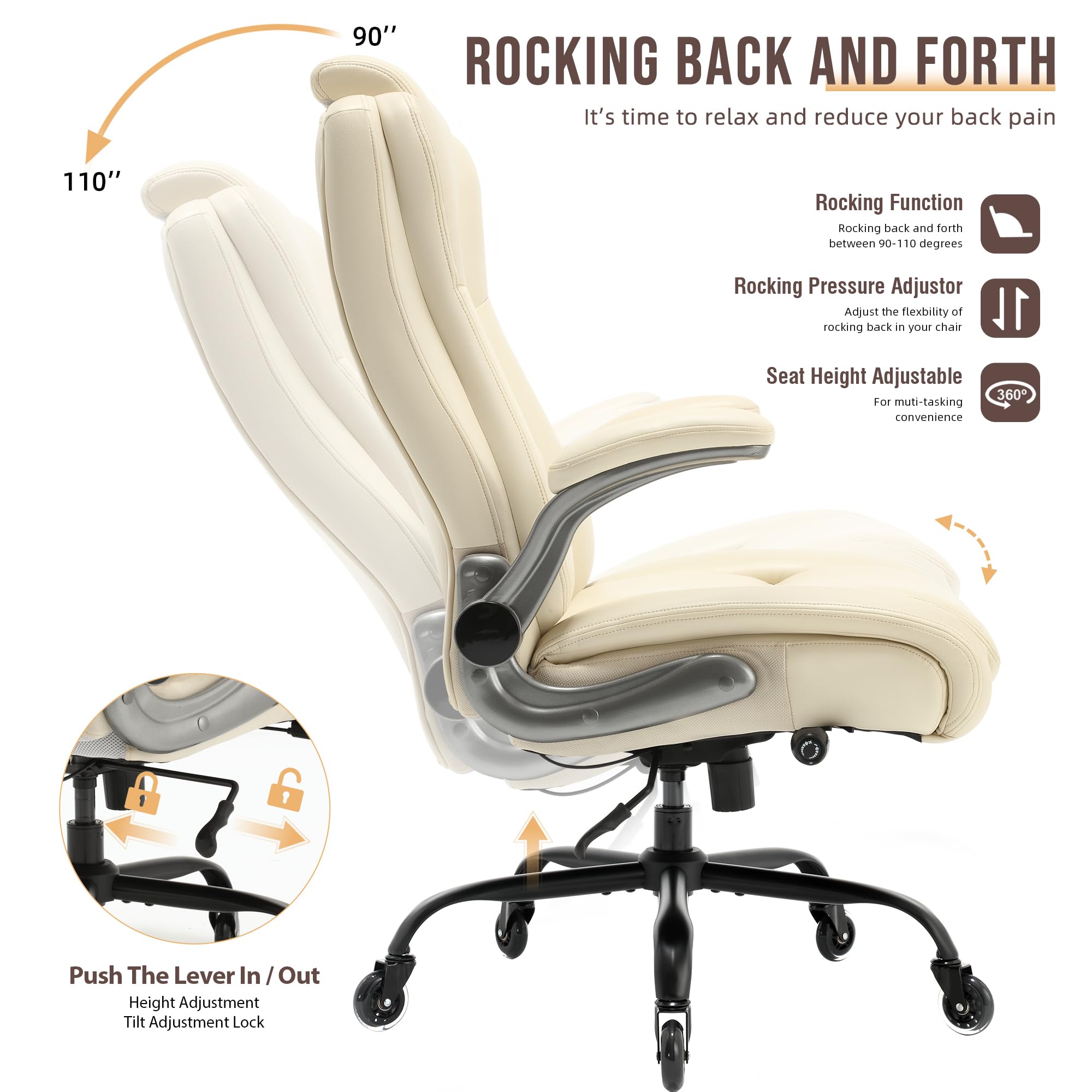 Ergonomic High Back Office Chair with Flip-Up Armrests & Adjustable Lumbar Support - Executive Desk Chair with Lift Headrest & Sturdy Metal Base for Home Office, Gaming & Workspace Comfort