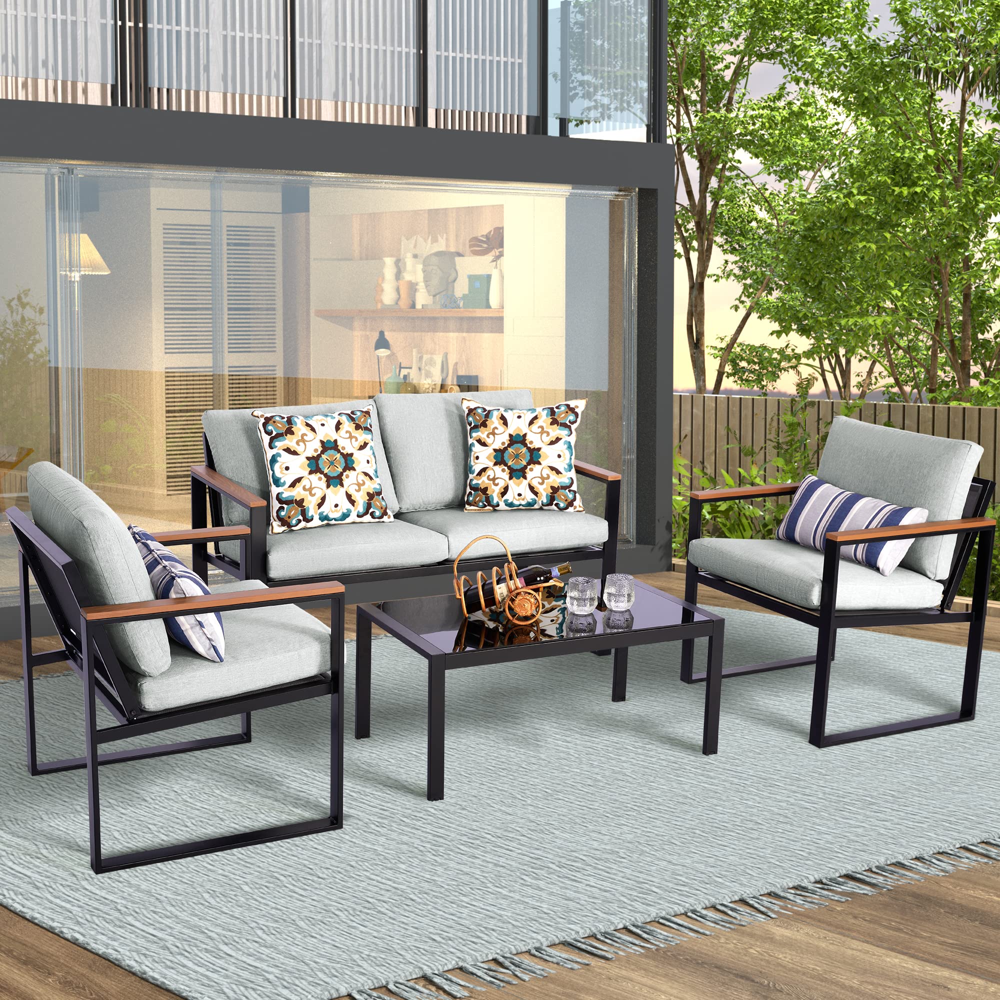 Modern 4-Piece Outdoor Patio Furniture Set - Metal Sectional Conversation Set with Fauxwood Armrests, Sling Mesh & Tempered Glass Table - Durable Olefin Cushions for Backyard, Garden or Poolside Relaxation
