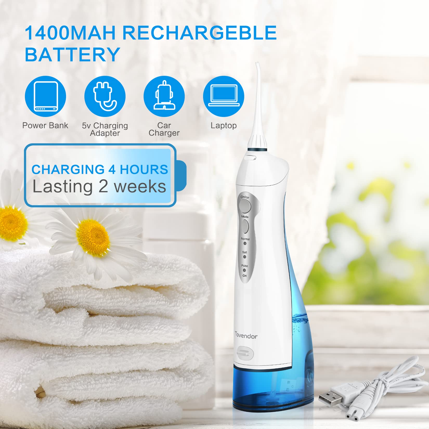 TOVENDOR Cordless Rechargeable Water Flosser - 300ML IPX7 Waterproof Dental Oral Irrigator with 5 Nozzle Tips for Braces, Teeth & Gum Care - Portable Teeth Cleaner for Travel, Home & Office Use - Perfect for Daily Oral Hygiene & Fresh Breath Maintenance