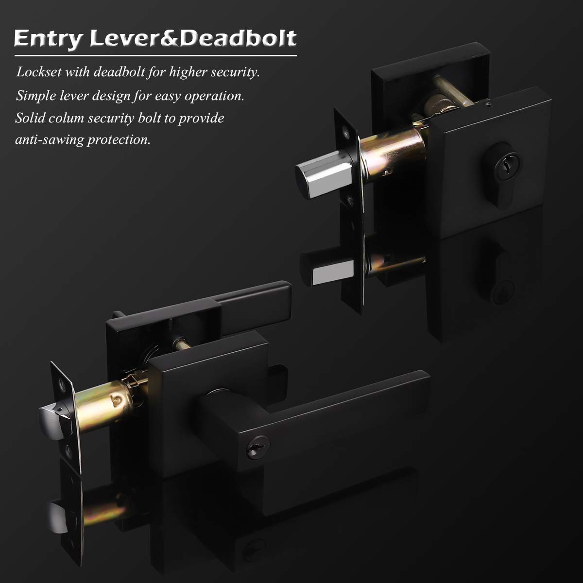 Gobrico 2-Pack Matte Black Exterior Door Lever & Deadbolt Combo Set - Keyed Alike Square Handle with Double Cylinder Deadbolt - Entry Door Lockset Hardware for Home, Office & Commercial Security