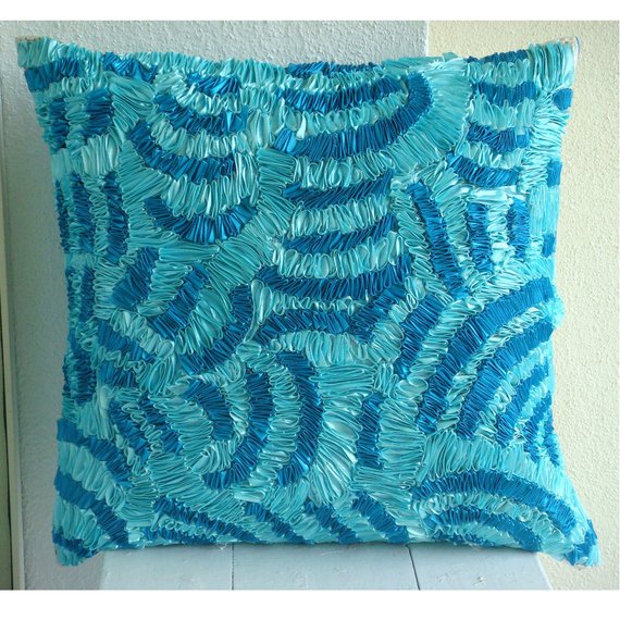 Blue Aqua Ripples Art Silk Throw Pillow Cover - Decorative Cushion Case for Sofa, Bed, Living Room & Home Decor