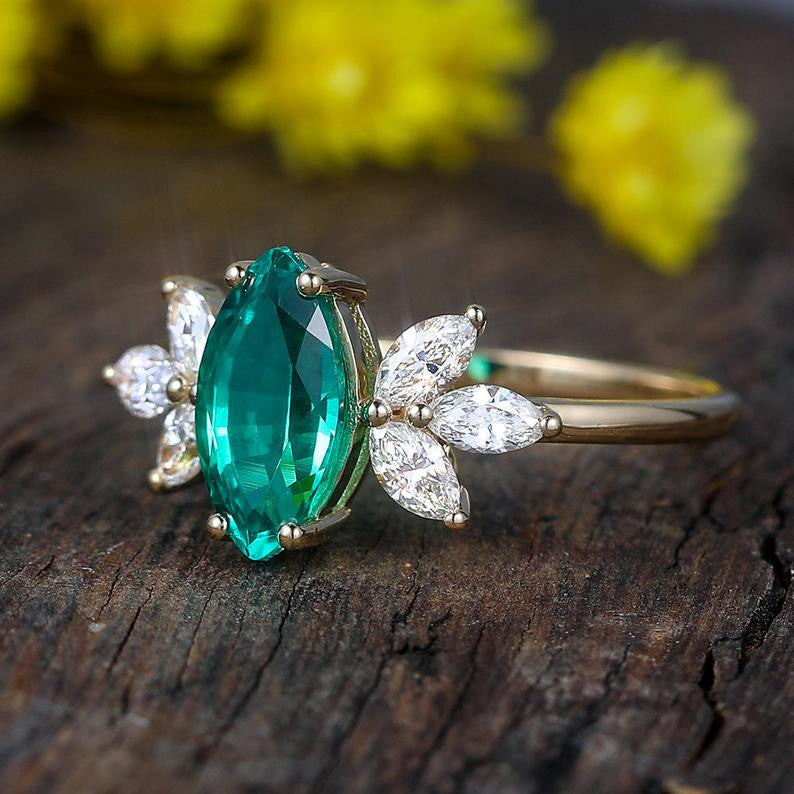 Vintage Marquise Cut Emerald and Diamond Cluster Engagement Ring for Women - Perfect for Proposals, Weddings & Anniversaries