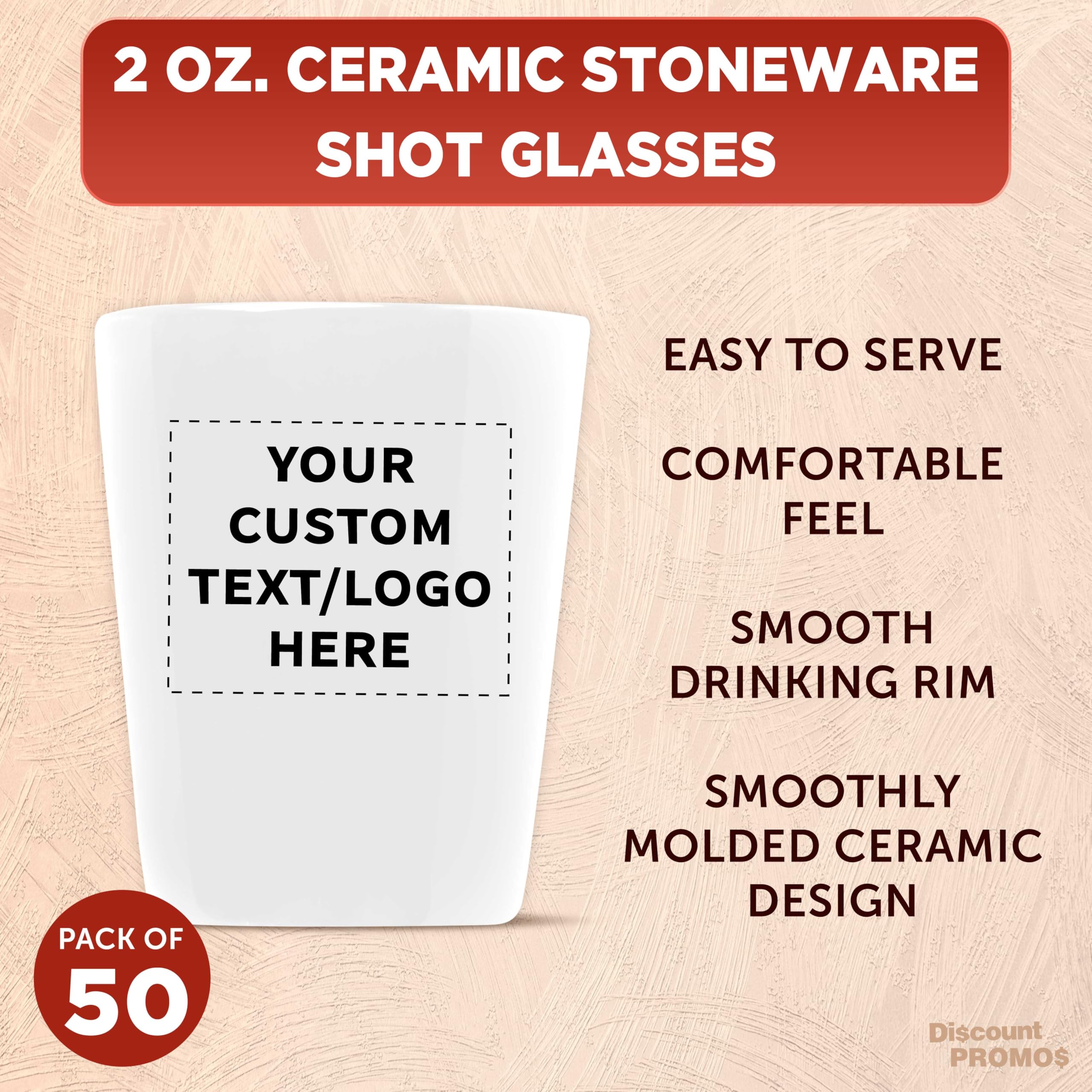 50-Piece Customizable Ceramic Shot Glasses Set (2 oz) - Personalized Text & Logo - Glossy White Barware for Parties, Weddings & Events - Durable Drinkware for Cocktails, Tequila & Shots