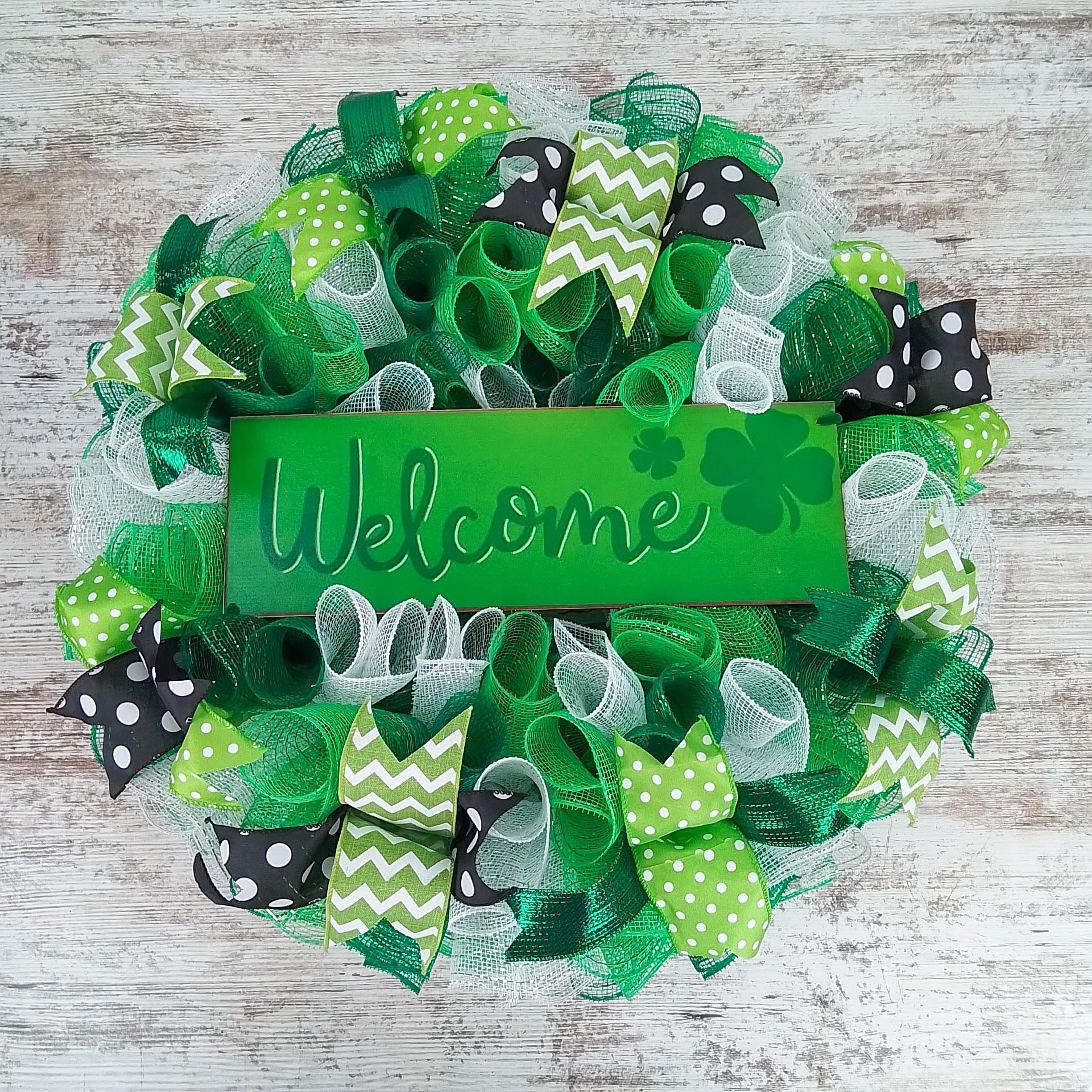 St. Patrick's Day Wreath - Green White Black Mesh Door Decor for Saint Patrick's - Perfect for Front Door, Home Entryway & Party Decorations