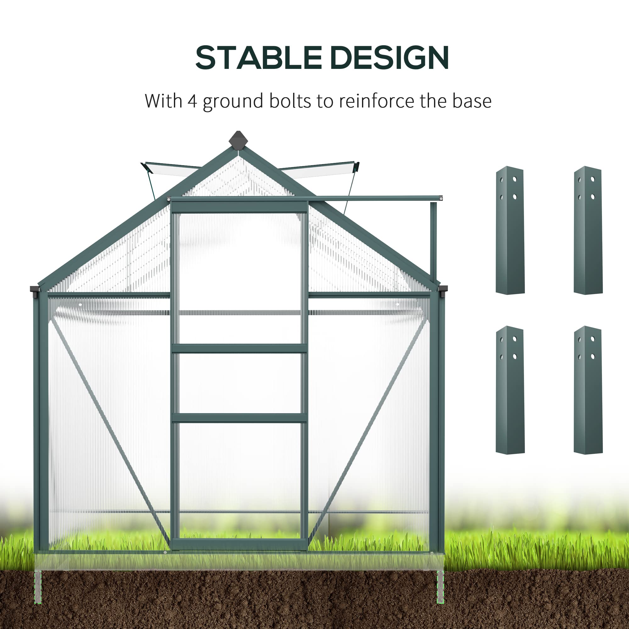 Outsunny 6' x 10' Polycarbonate Greenhouse for Outdoors - Aluminum Walk-in Garden Greenhouse with Rain Gutter & Roof Vent - Perfect for Patio, Backyard, Gardening & Plant Growing (Dark Green)