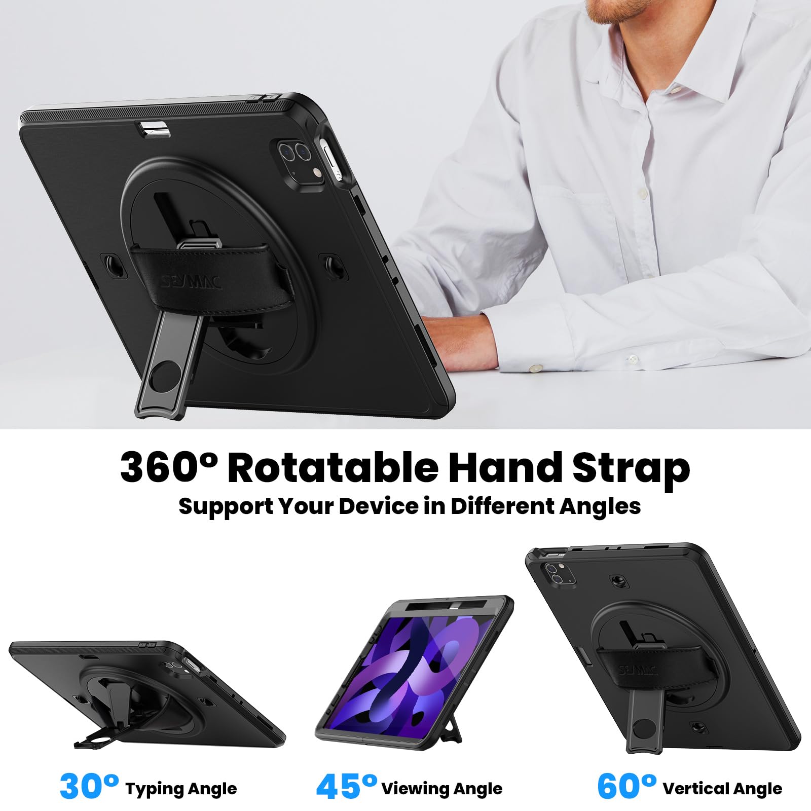 SEYMAC iPad Air 5th/4th Generation Case 10.9 Inch - Shockproof Protective Cover with Built-in Screen Protector, Rotating Stand, Hand/Shoulder Strap & Pencil Holder for iPad Air 5/Air 4 (Black) - Perfect for Work, Study, Travel and Entertainment
