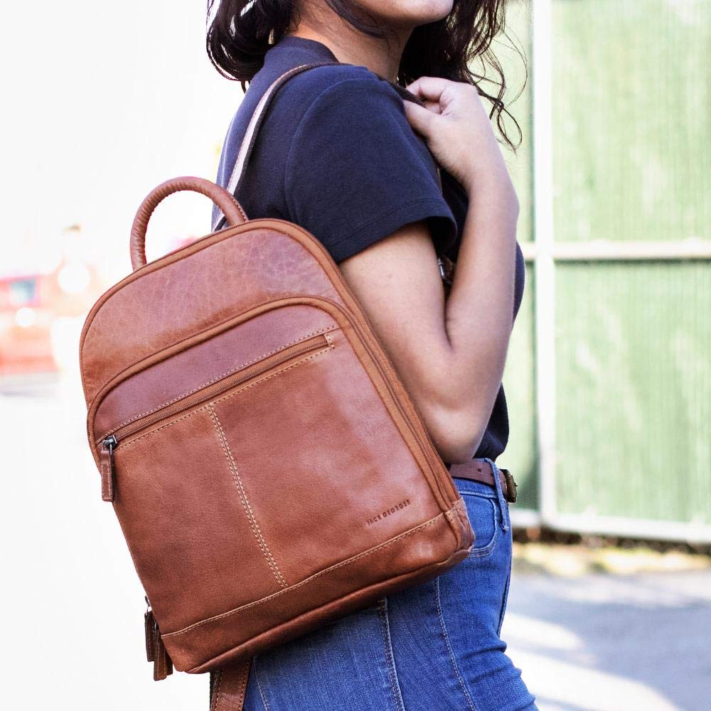 Jack Georges Voyager Small Backpack #7835 - Genuine Leather Honey Brown Laptop Backpack for Men & Women, Perfect for Work, Travel & Everyday Use