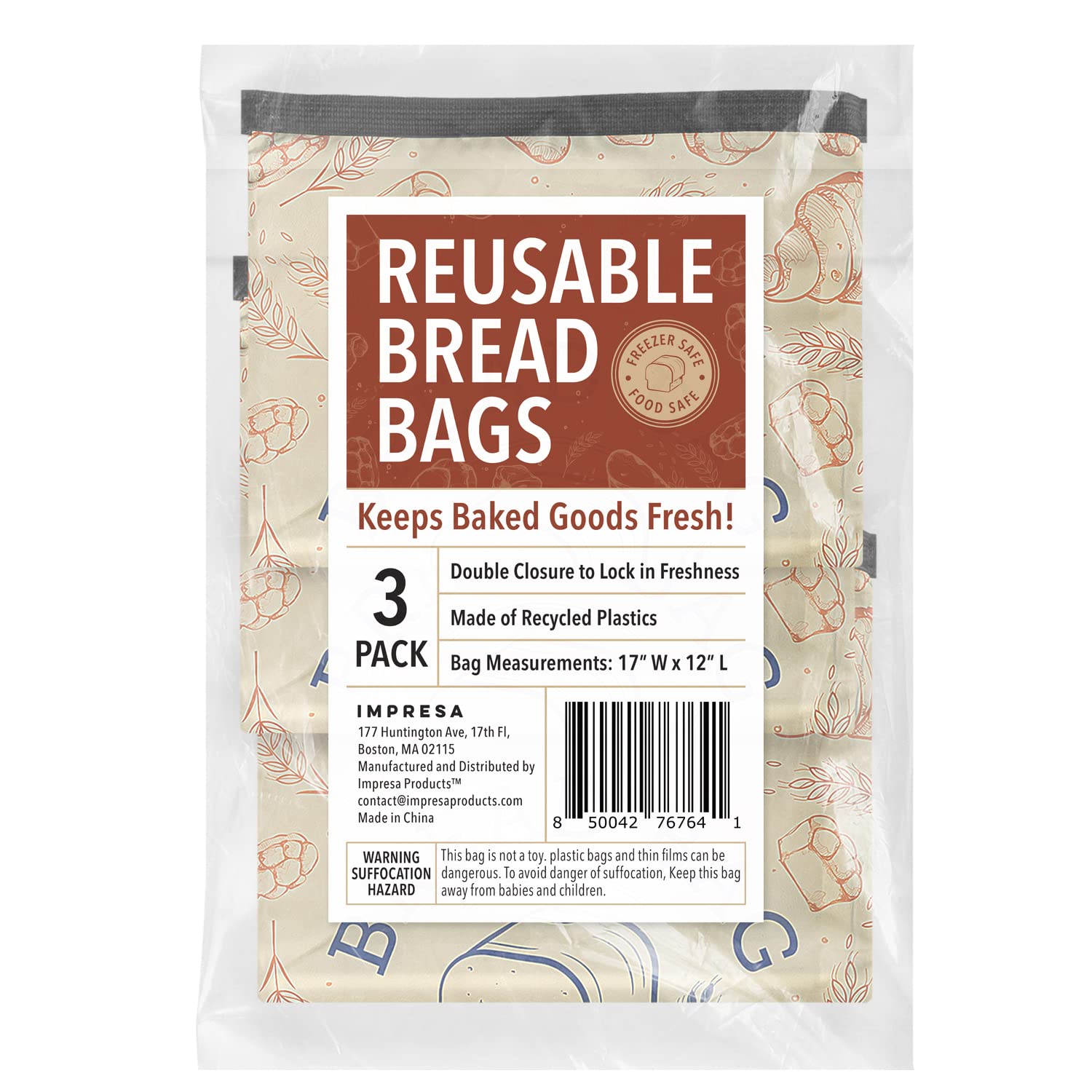 IMPRESA [3 Pack] Reusable Bread Storage Bags - Airtight Double Seal Freezer Bags for Freshness - Dishwasher & Washing Machine Safe - Perfect for Homemade Bread, Sandwiches, and Baked Goods Storage