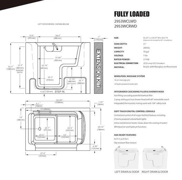 Anzzi 2953WCRWD 29x53 Inch Right Drain Walk-In Bathtub with Whirlpool Air Jets - Wheelchair Accessible Soaking Tub for Seniors & Mobility Needs | Bathroom Safety & Relaxation