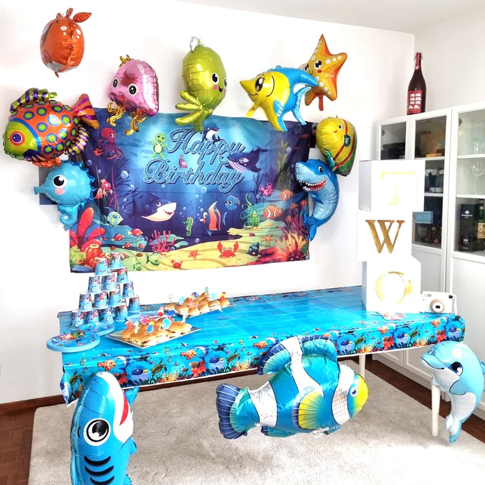 14-Piece Under The Sea Animal Balloons Set - Large Octopus, Shark, Fish Mylar Balloons for Ocean Themed Parties, Baby Showers, Birthday Decorations - Perfect for Kids Room Decor & Underwater Adventure Themed Events