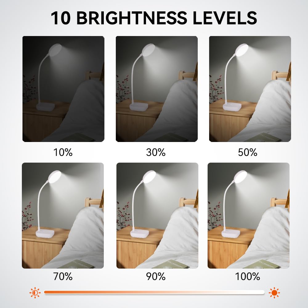 Rechargeable Battery-Powered Small Desk Lamp with 3 Light Colors (Warm White) - 10 Adjustable Brightness Levels, 400 Lumens, Flexible Gooseneck - Eye Protection LED Light for Home Office, Bedroom, Dorm & Study Spaces