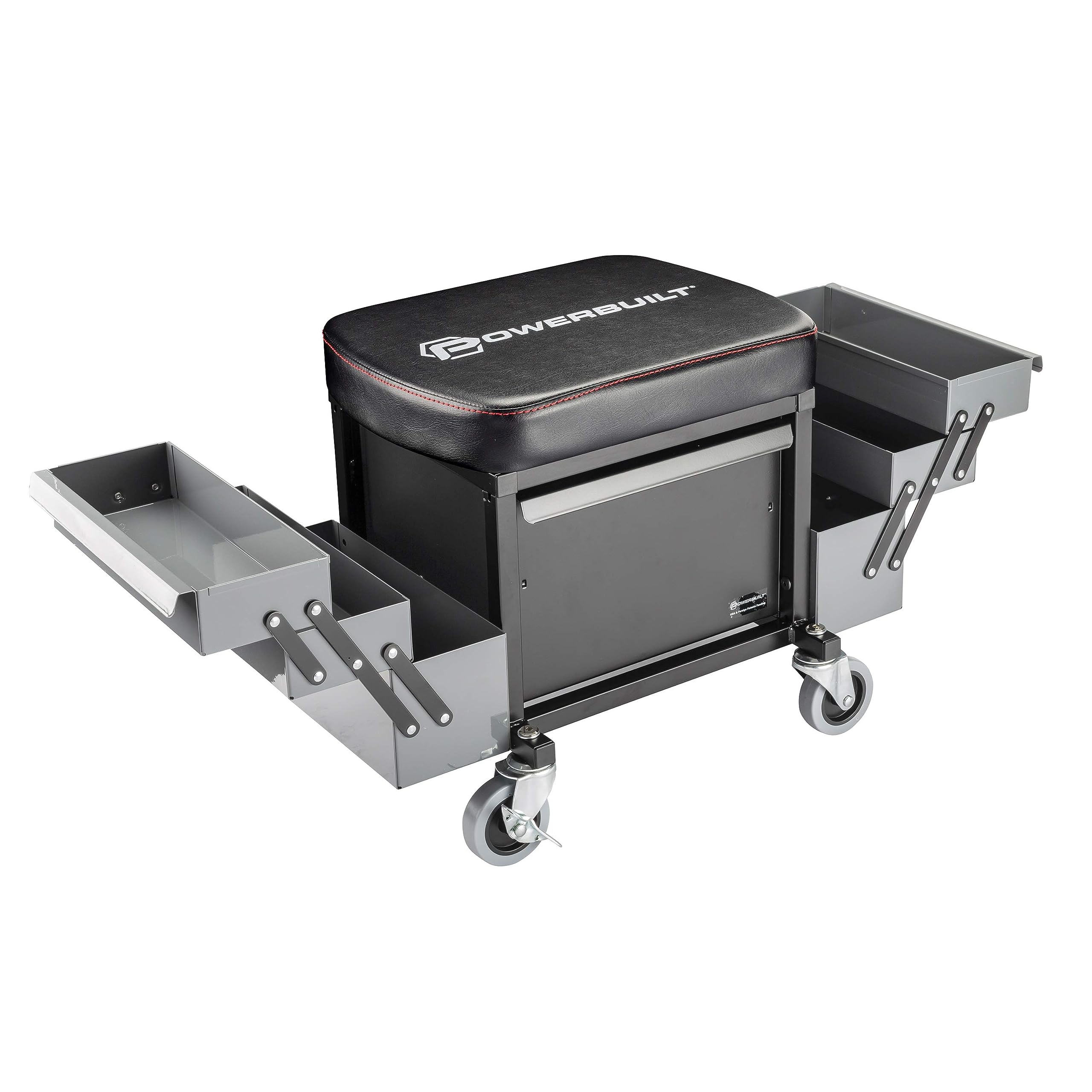 Powerbuilt Rolling Seat with Expandable Tool Trays - Heavy Duty Garage Stool with Tool Storage, Grey (941918ECE) - Perfect for Mechanics, DIY Enthusiasts & Workshop Use