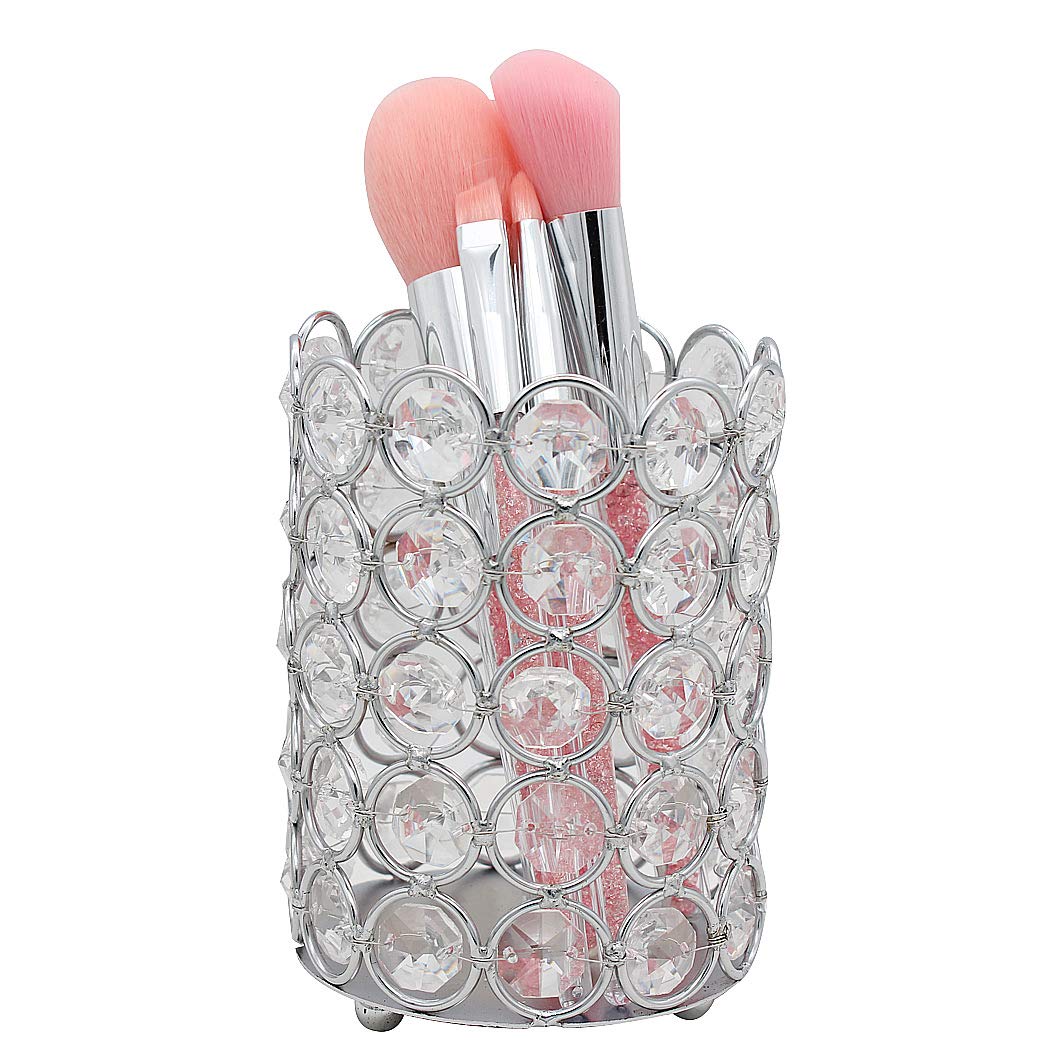 Handmade Crystal Makeup Brush Holder & Eyebrow Pencil Organizer - Silver Round Cosmetic Storage for Vanity, Bathroom, Office Desk | Perfect for Beauty Tools Organization and Desk Accessories