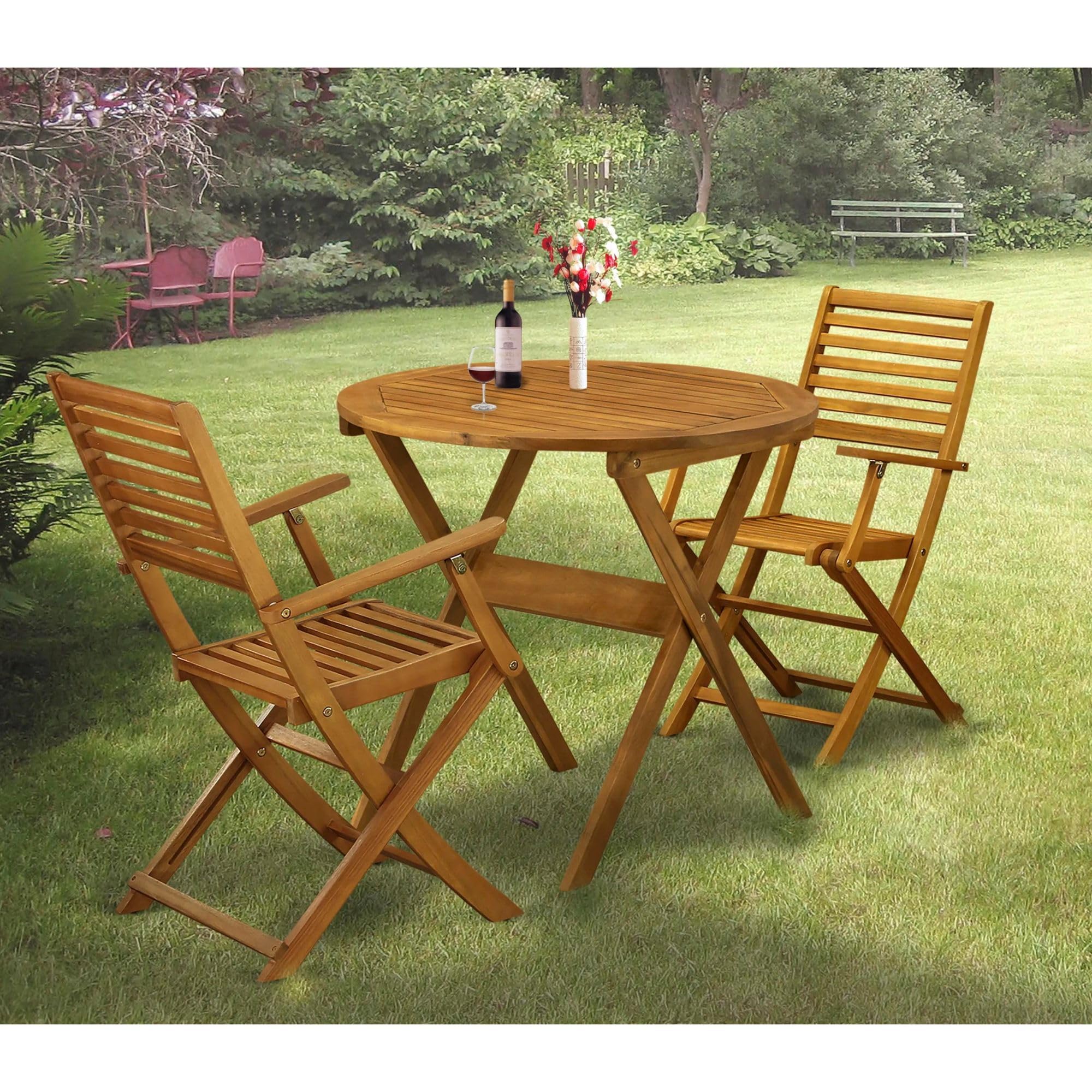 East West Furniture MNBS3CANA Marion 3-Piece Outdoor Patio Conversation Bistro Set - Round Acacia Wood Coffee Table & 2 Folding Arm Chairs, 30x30 Inch, Natural Oil Finish - Perfect for Garden, Balcony, and Backyard Relaxation