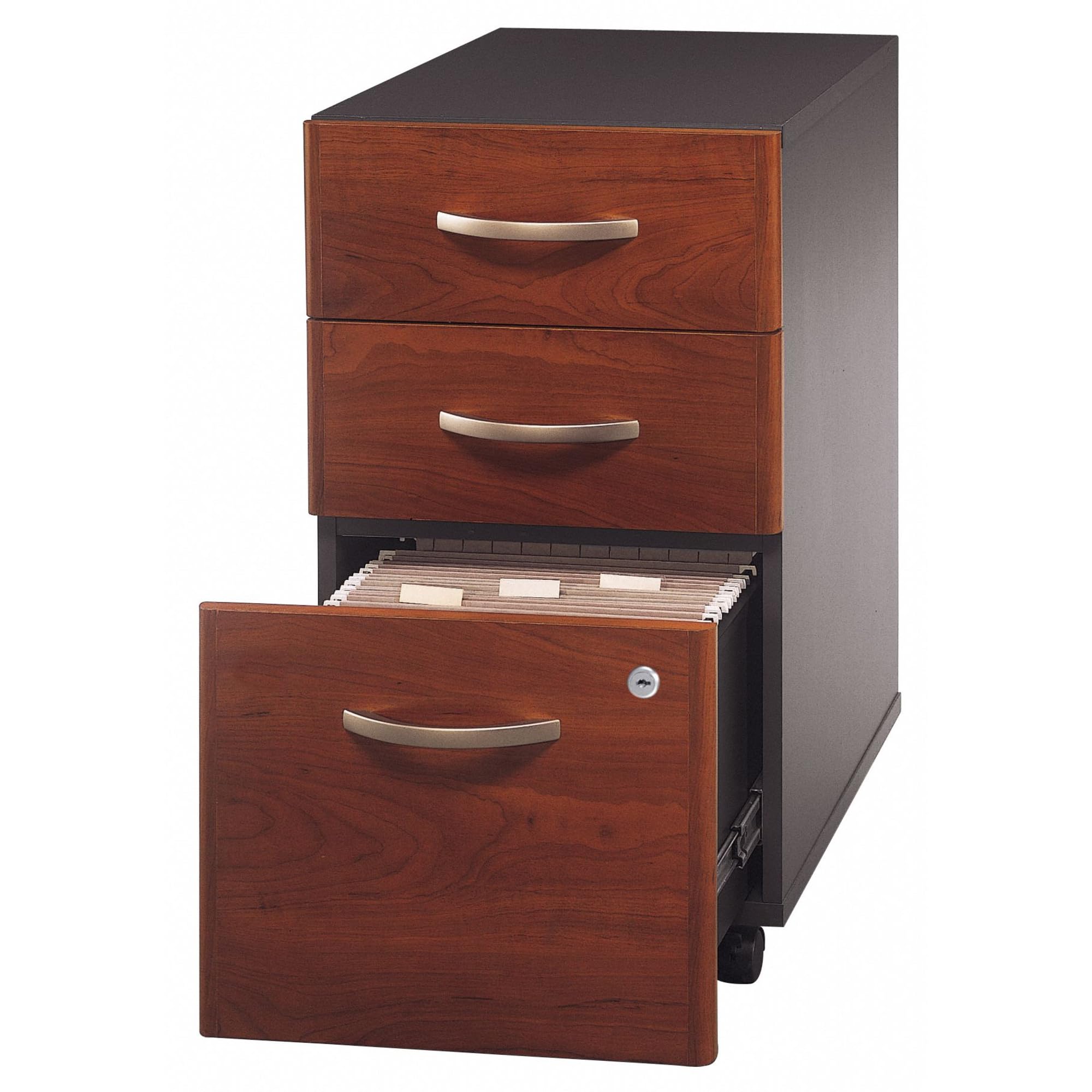 Bush Business Furniture Series C 3-Drawer Rolling File Cabinet - Fully Assembled Under Desk Storage with Wheels for Home & Office - Hansen Cherry Finish - Perfect for Document Organization in Small Spaces