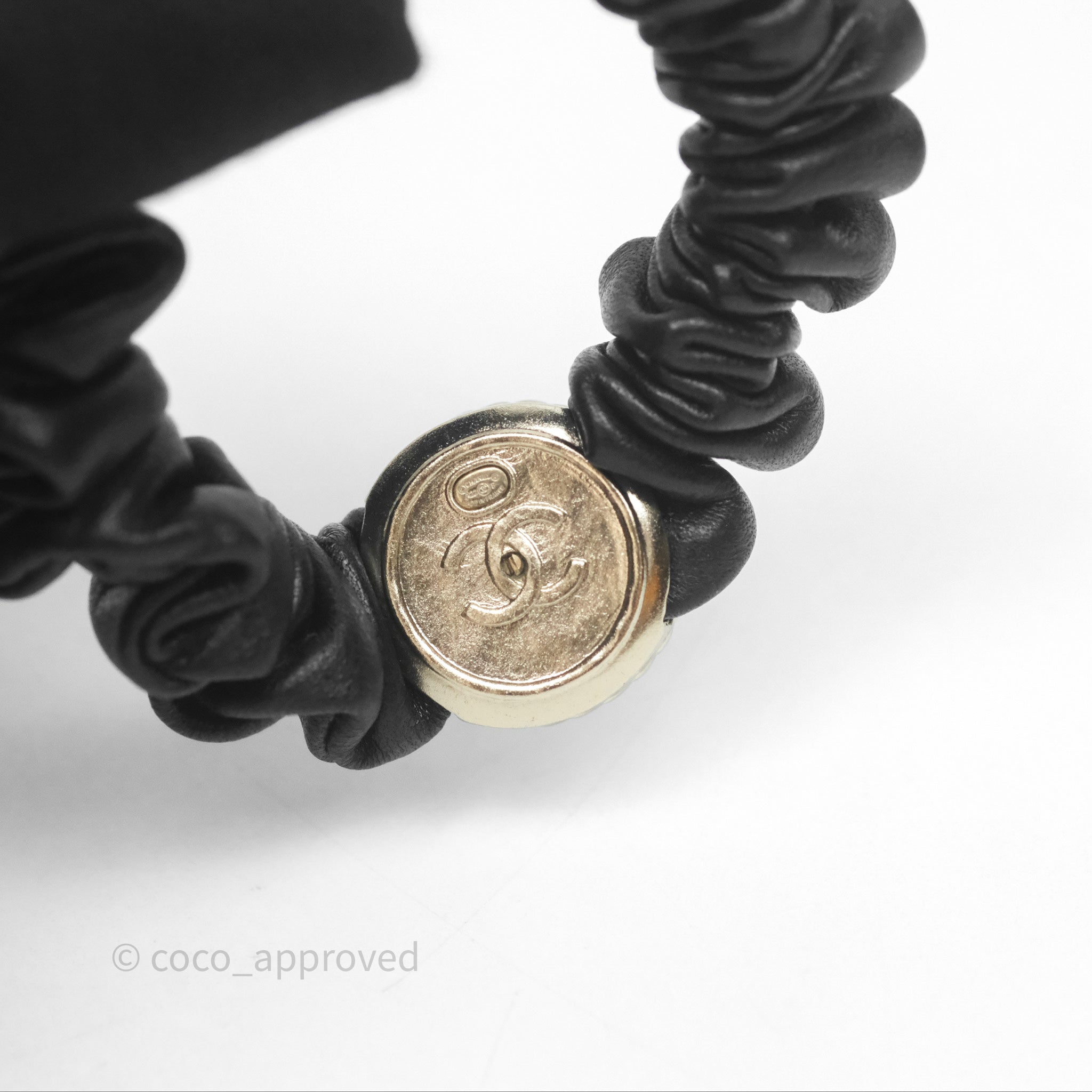 Chanel CC Logo Black Leather Scrunchie Hair Tie with Gold Tone Hardware - Elegant Hair Accessory for Women, Perfect for Parties, Weddings & Everyday Wear