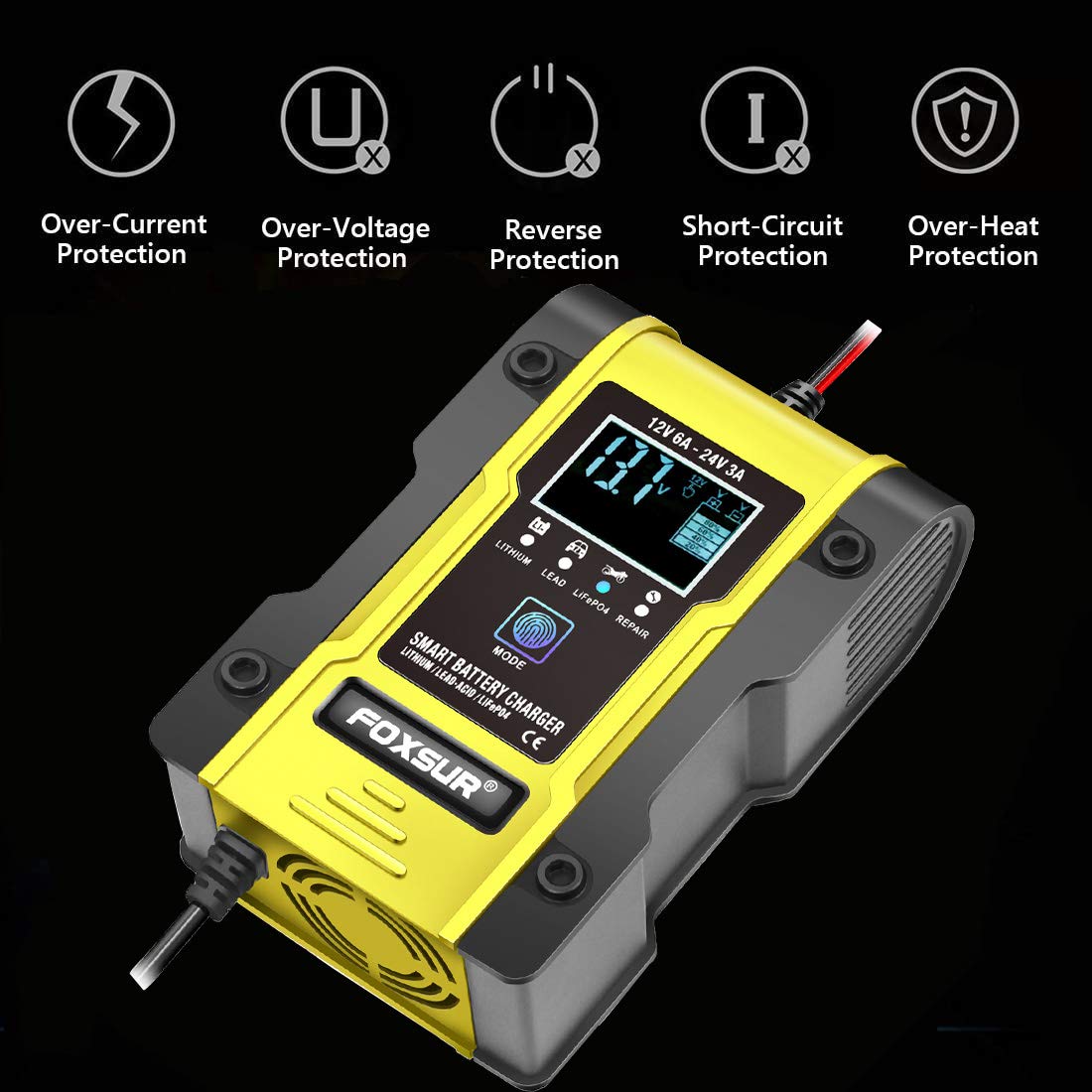 12V/24V 6A Smart Car Battery Charger for Lithium & Lead-Acid - Auto Maintenance