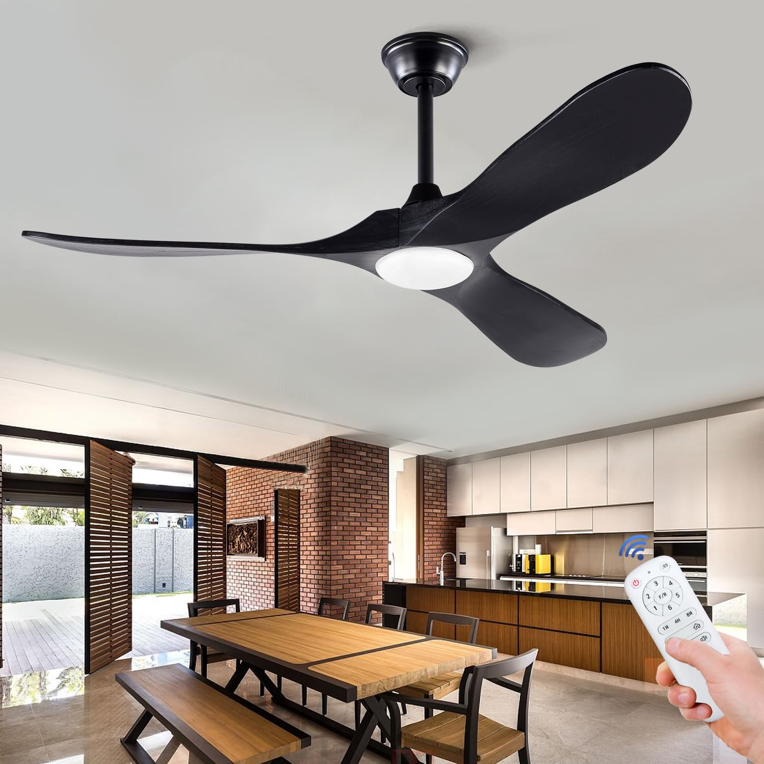 52 Inch BOJUE Modern Ceiling Fan with Lights - Indoor/Outdoor Remote Control Fan, 3 Wooden Blades, 6 Speed Settings, Black - Perfect for Porch, Living Room, Bedroom, and Patio Cooling