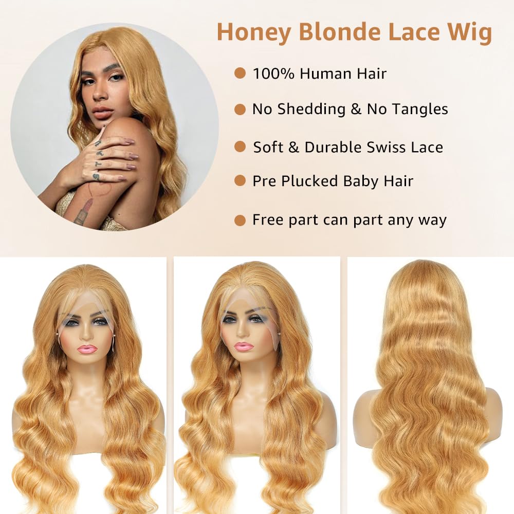 30 Inch Honey Blonde Lace Front Wig Human Hair - Pre Plucked with Baby Hair, 200% Density, 13x4 Lace Frontal, Body Wave | Natural Looking Blonde Wigs for Women | Perfect for Cosplay, Daily Wear & Special Occasions
