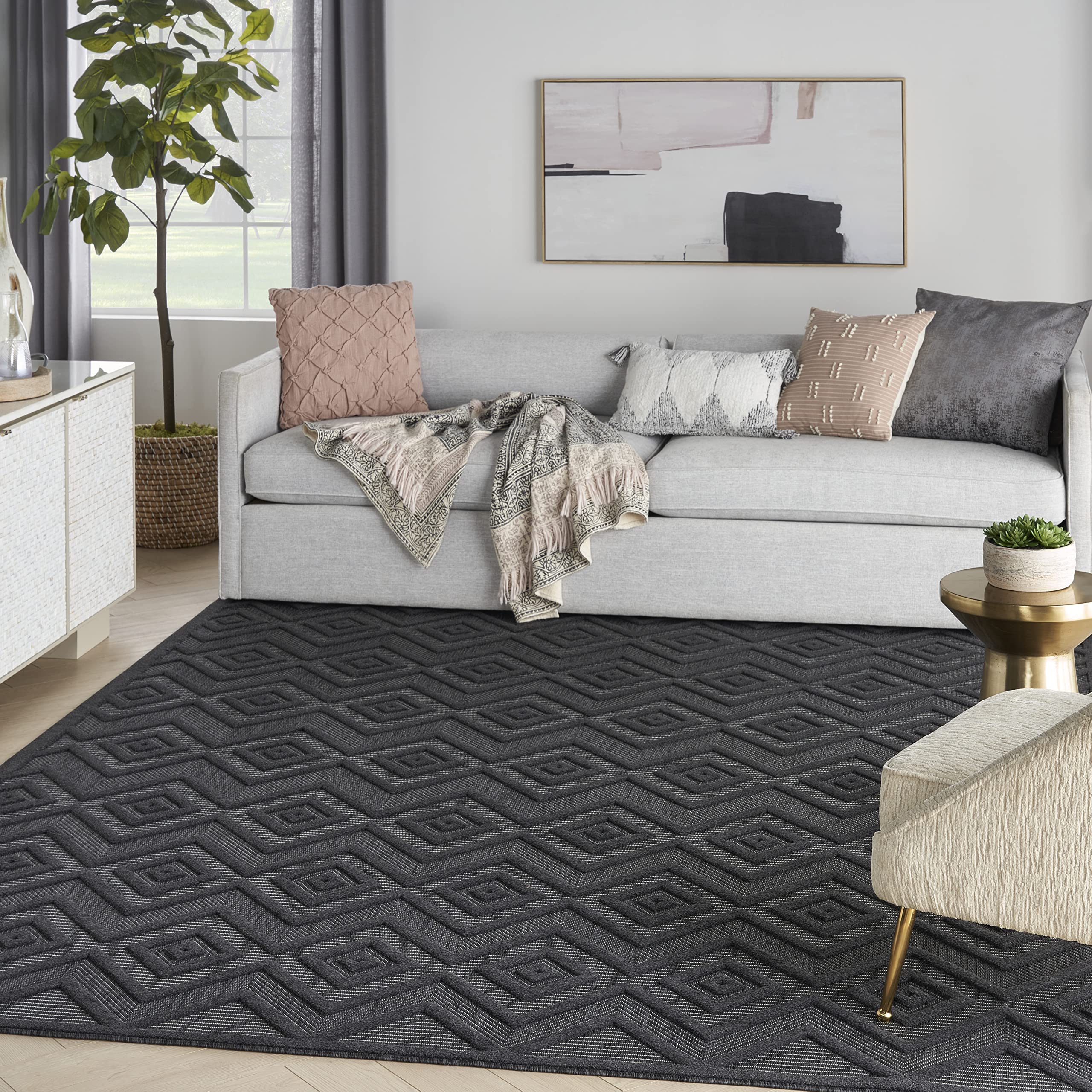 Nourison 7' x 10' Indoor/Outdoor Area Rug - Charcoal/Black, Non-Shedding & Easy to Clean - Perfect for Living Room, Bedroom, Dining Room, Deck, Patio & High Traffic Areas (7x10) - Durable & Stylish Home Decor for Year-Round Use