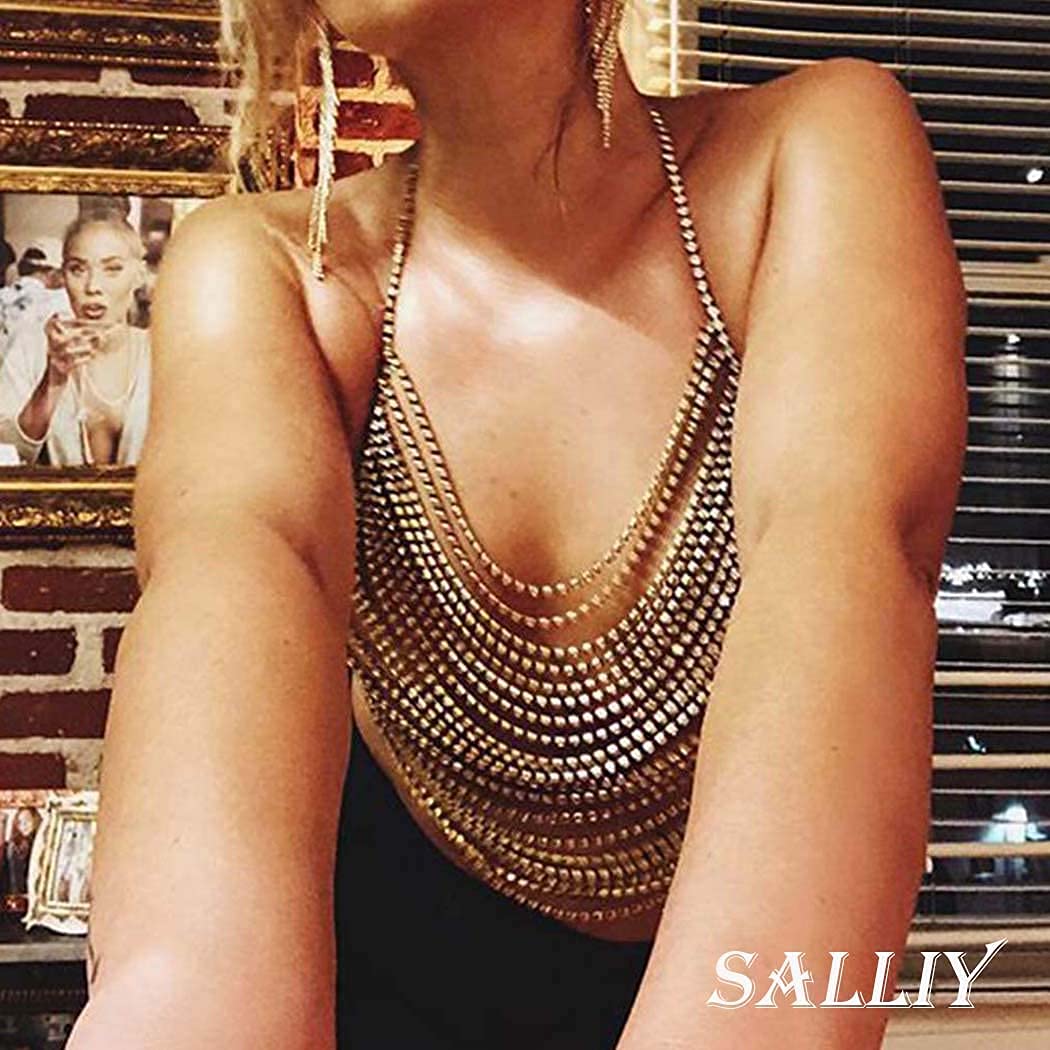 Boho Gold Rhinestone Bikini Bra - Sexy Backless Body Chain Halter with Sequins for Women | Perfect for Beach Parties, Music Festivals & Summer Vacations