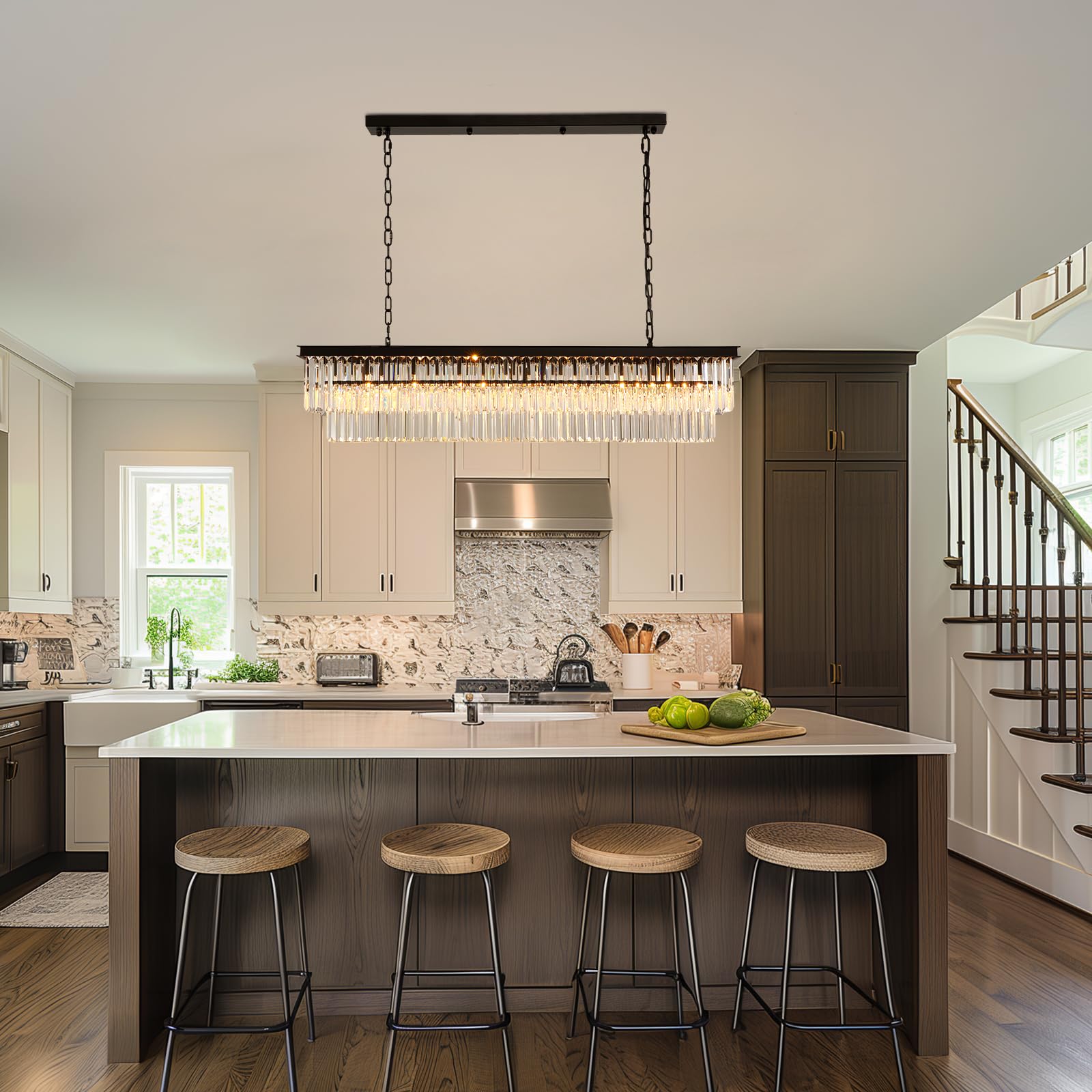 NOXARTE Modern Rectangular Crystal Chandelier - 8-Light Black Pendant Fixture for Dining Room, Kitchen Island, Bar & Living Room (47 Inch) - Elegant Lighting for Home Decor & Interior Design