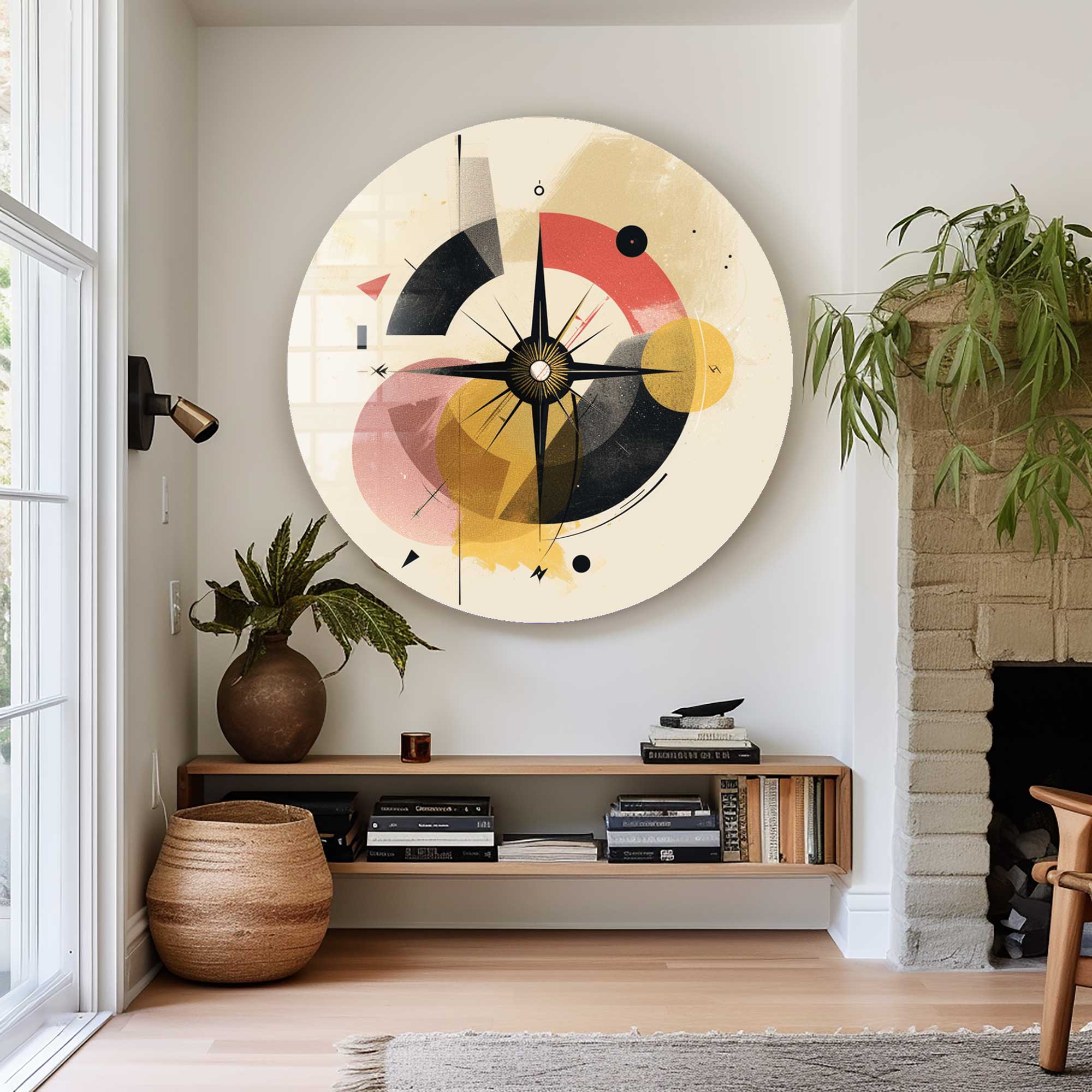 Abstract Compass Rounded Glass Wall Art - Modern Home Decor for Living Room, Bedroom & Office - Unique Geometric Design for Stylish Interior Spaces